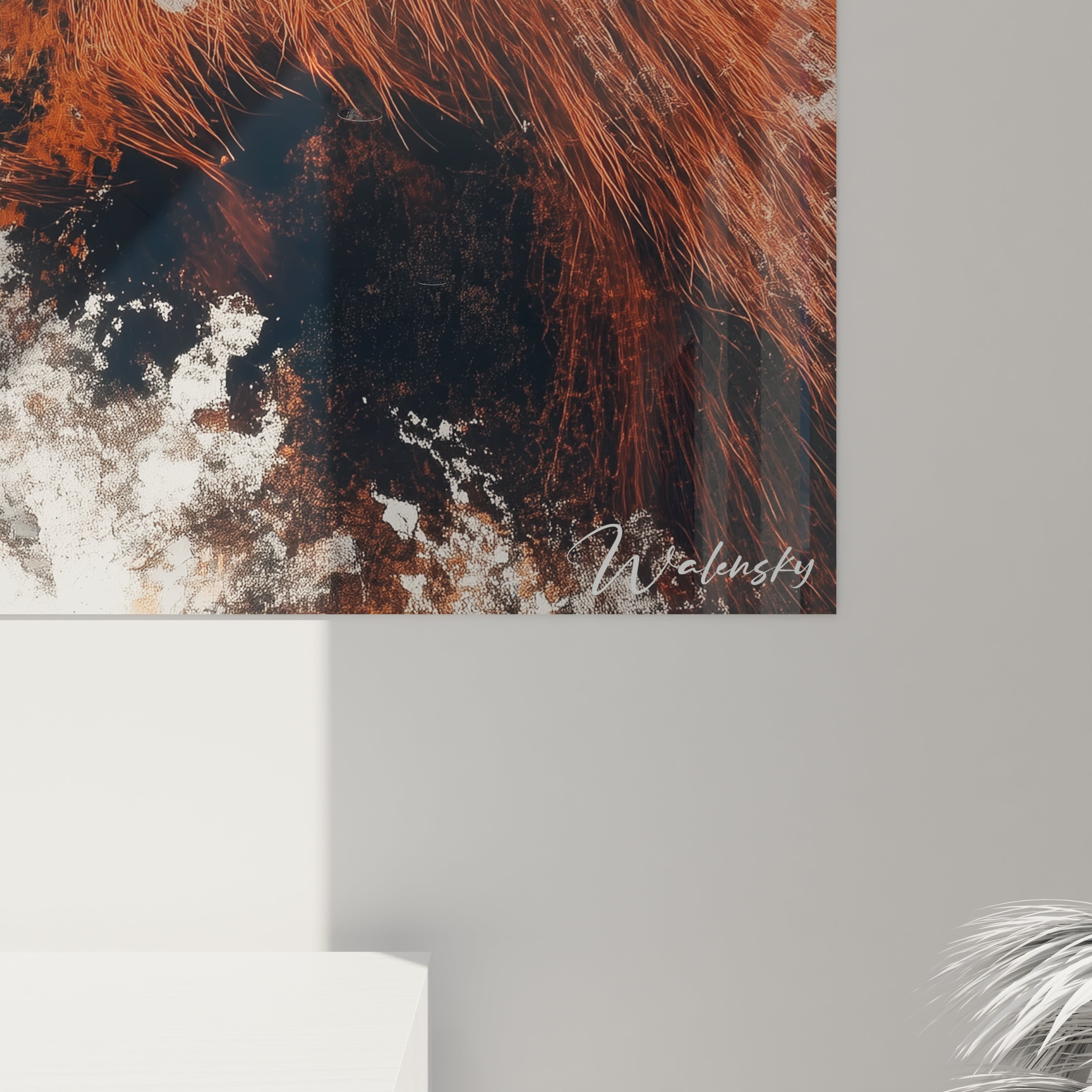 Un tableau orang-outan réaliste représentant un portrait saisissant aux couleurs chaudes. Le pelage auburn éclatant encadre un visage aux traits définis et au regard profond, entouré d'éléments abstraits suggérant un environnement naturel texturé.
