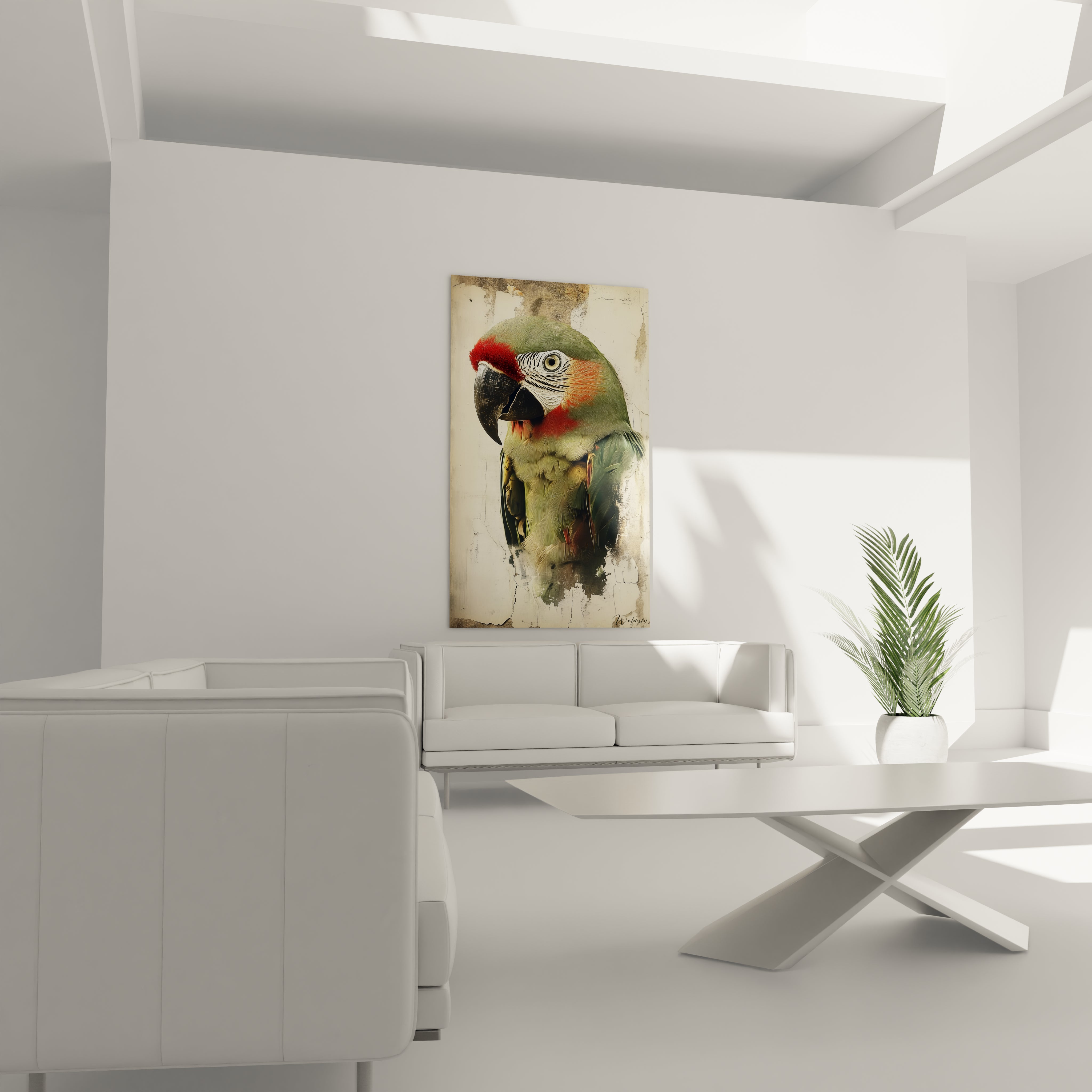Un tableau perruche réaliste d'un ara vert aux accents rouges et jaunes, montrant en détail les textures du plumage et le bec noir caractéristique, peint sur un fond clair à l'aspect craquelé et usé.
