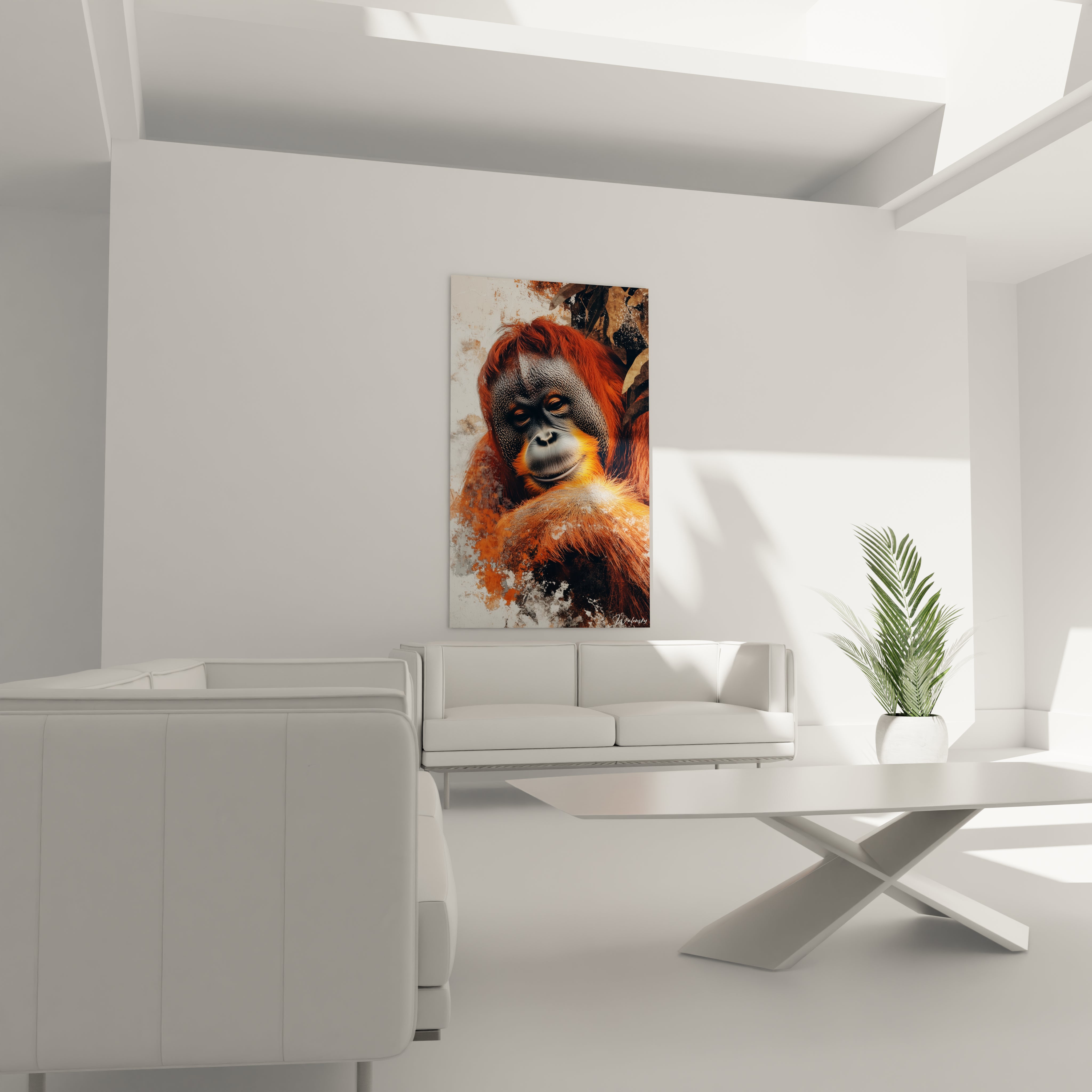 Un tableau orang-outan détaillé capturant l'expression pensive d'un primate au pelage orange vif. Les nuances subtiles du visage texturé et du fond éclaboussé créent une composition équilibrée aux teintes contrastées d'orange, noir et blanc.
