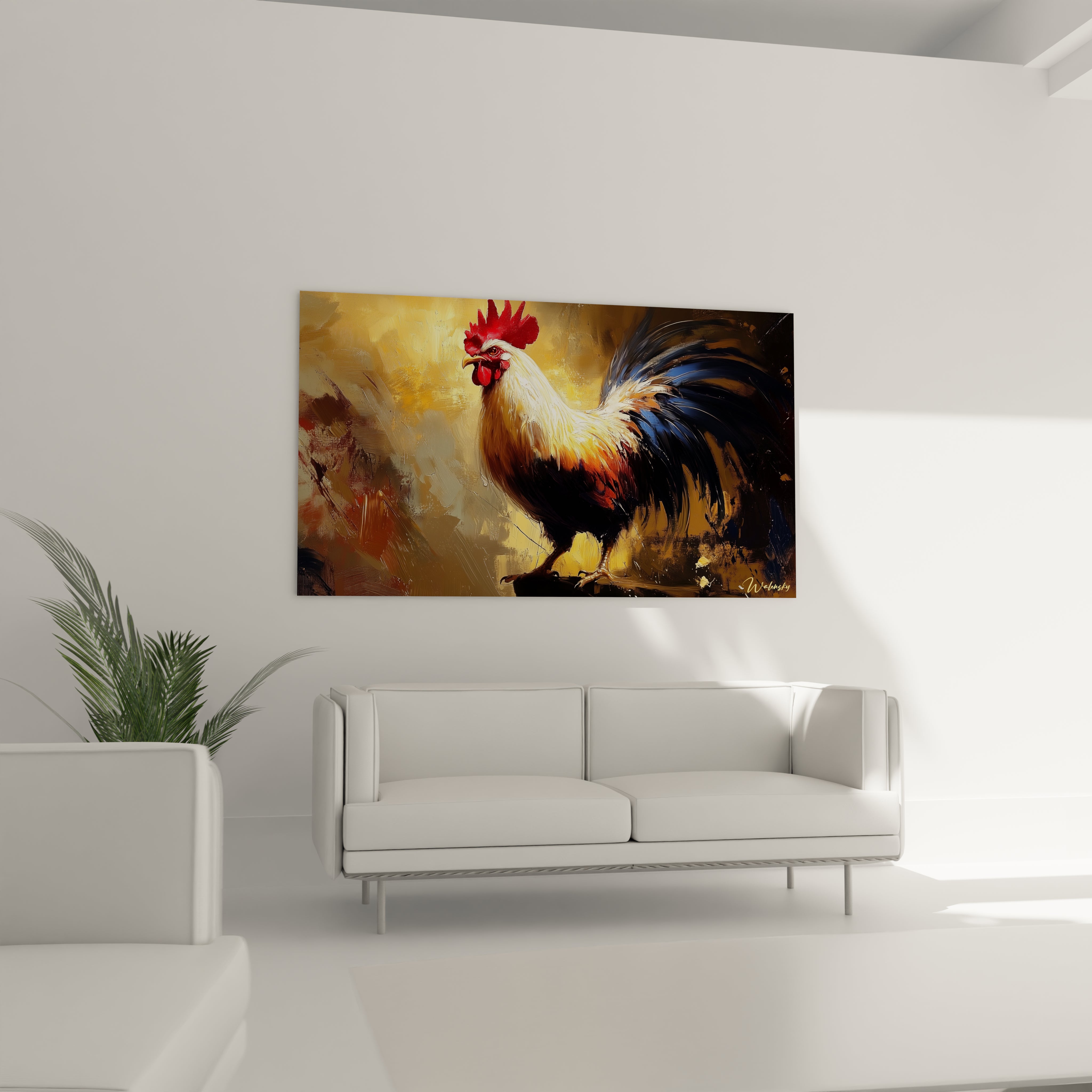 Un tableau coq au style semi-réaliste figurant un volatile aux couleurs vives. La composition met en valeur sa crête rouge intense contre un fond aux tons dorés et bruns. Les traits de pinceau visibles créent des textures riches sur le plumage blanc, noir et ocre.
