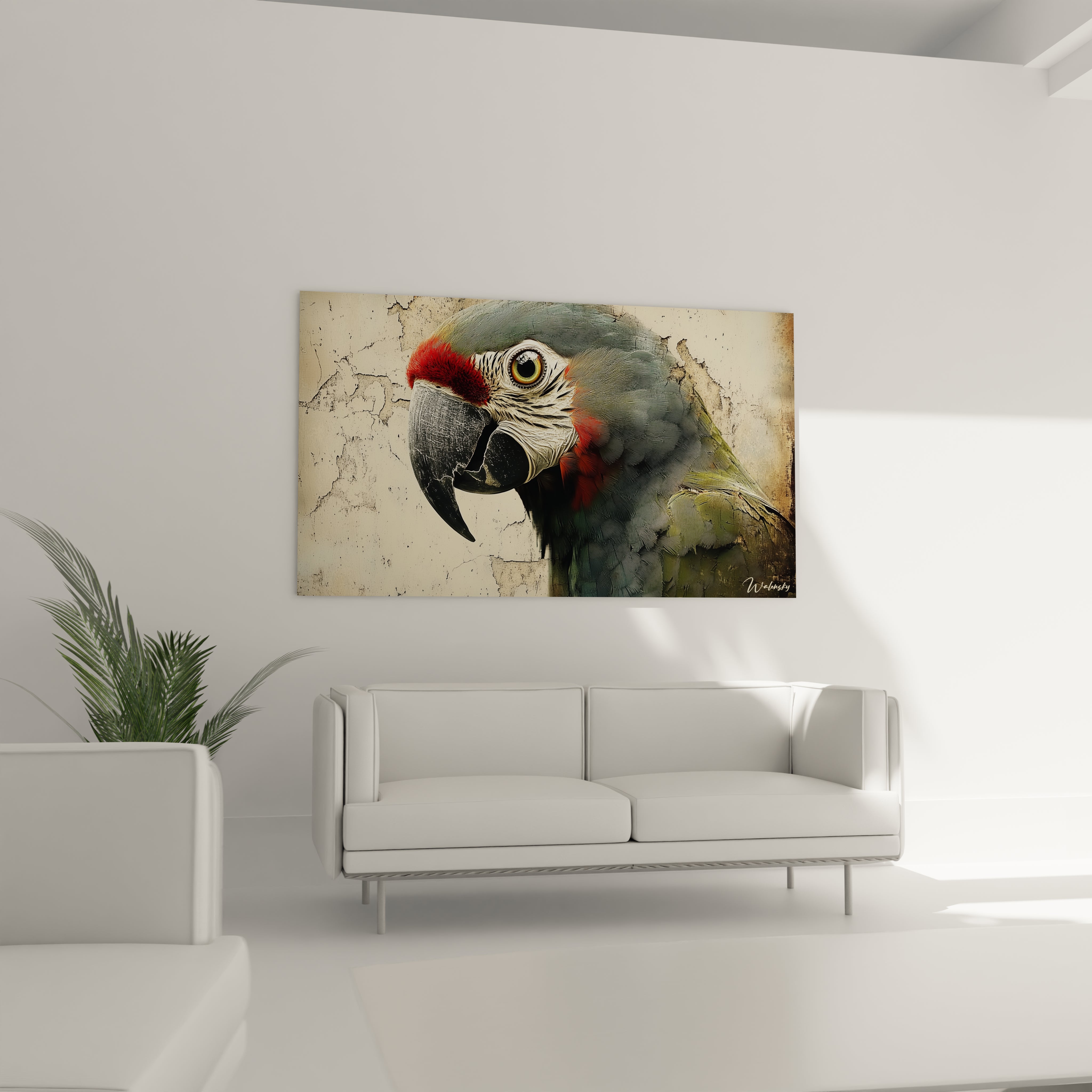 Un tableau perruche présentant un ara en profil, dominé par des teintes grises, rouges et noires. Détails précis des plumes faciales blanches, œil rond lumineux et bec courbe imposant sur fond texturé beige aux fissures apparentes.
