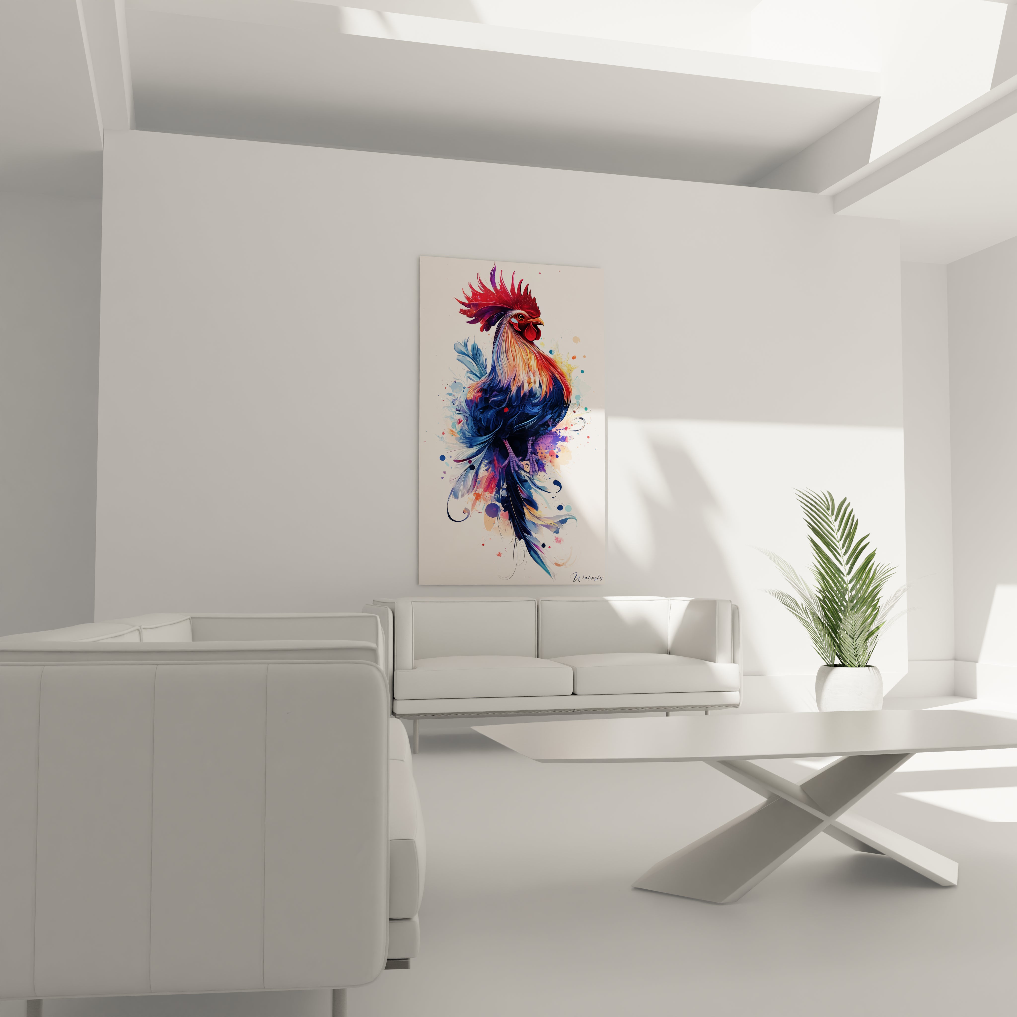 Un tableau coq artistique représentant un coq de profil avec un plumage aux textures riches. Les couleurs dominantes sont le bleu marine, le rouge vif et l'orange doré, accompagnées d'éclaboussures colorées créant une impression de mouvement.

