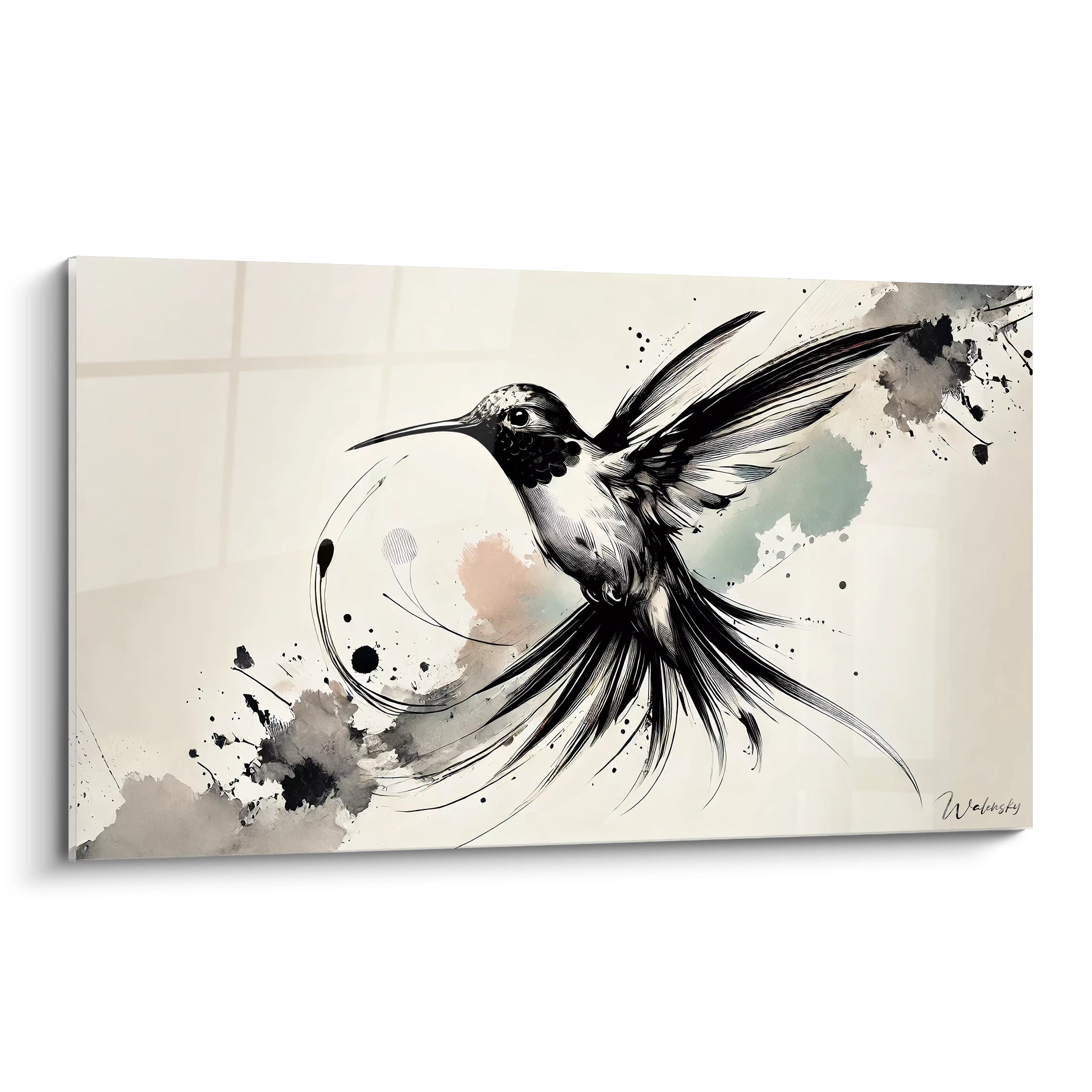 Vue de biais : un tableau colibri minimaliste en noir, beige et gris avec touches pastel. Capturant un instant poétique de mouvement suspendu, idéal pour une ambiance moderne et élégante.

