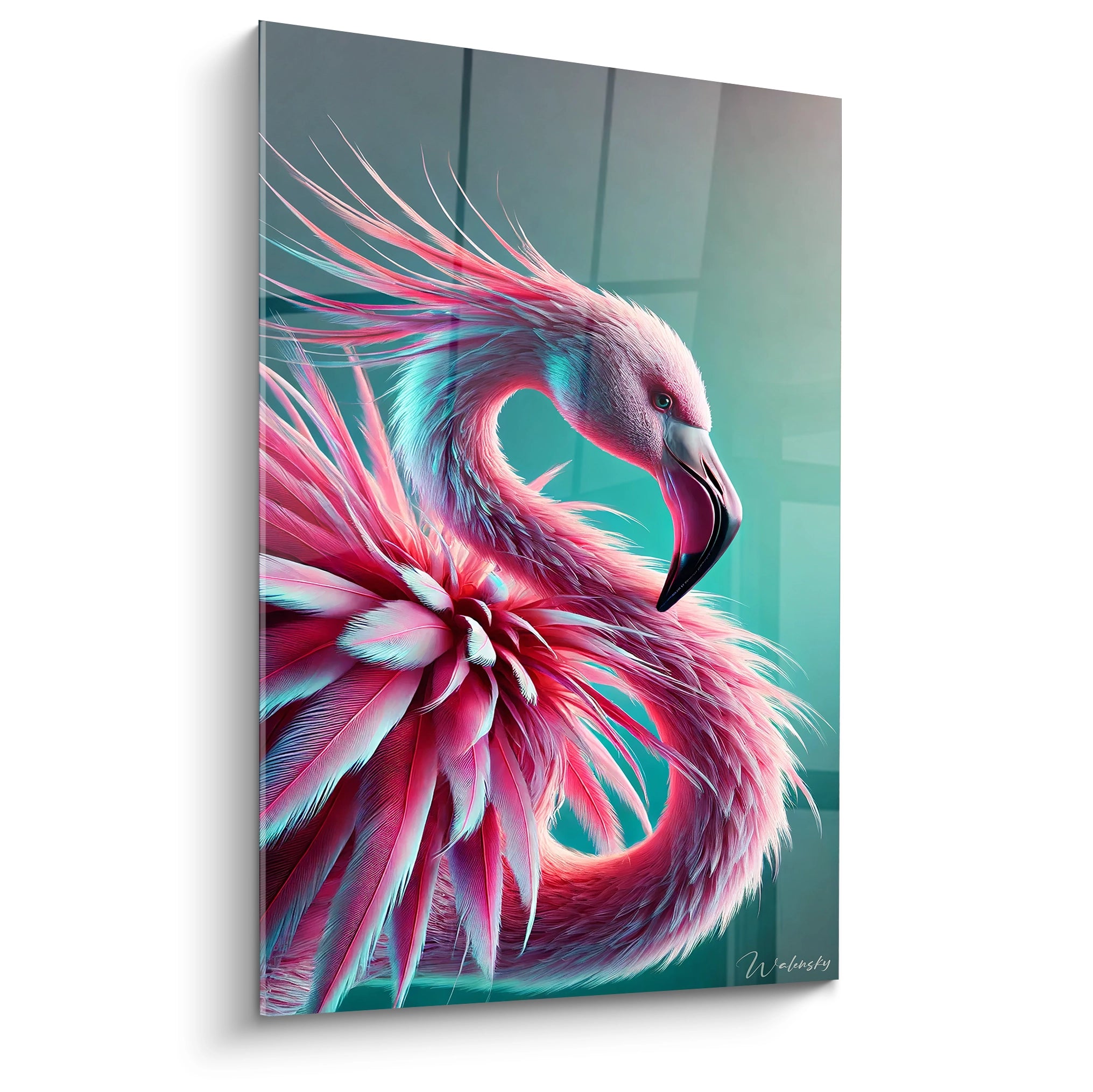 Vue de biais du tableau flamand rose aux couleurs vibrantes rose bleu argent fond abstrait plumes détaillées élégantes texture réaliste et touches surréalistes invitant à la rêverie artistique.
