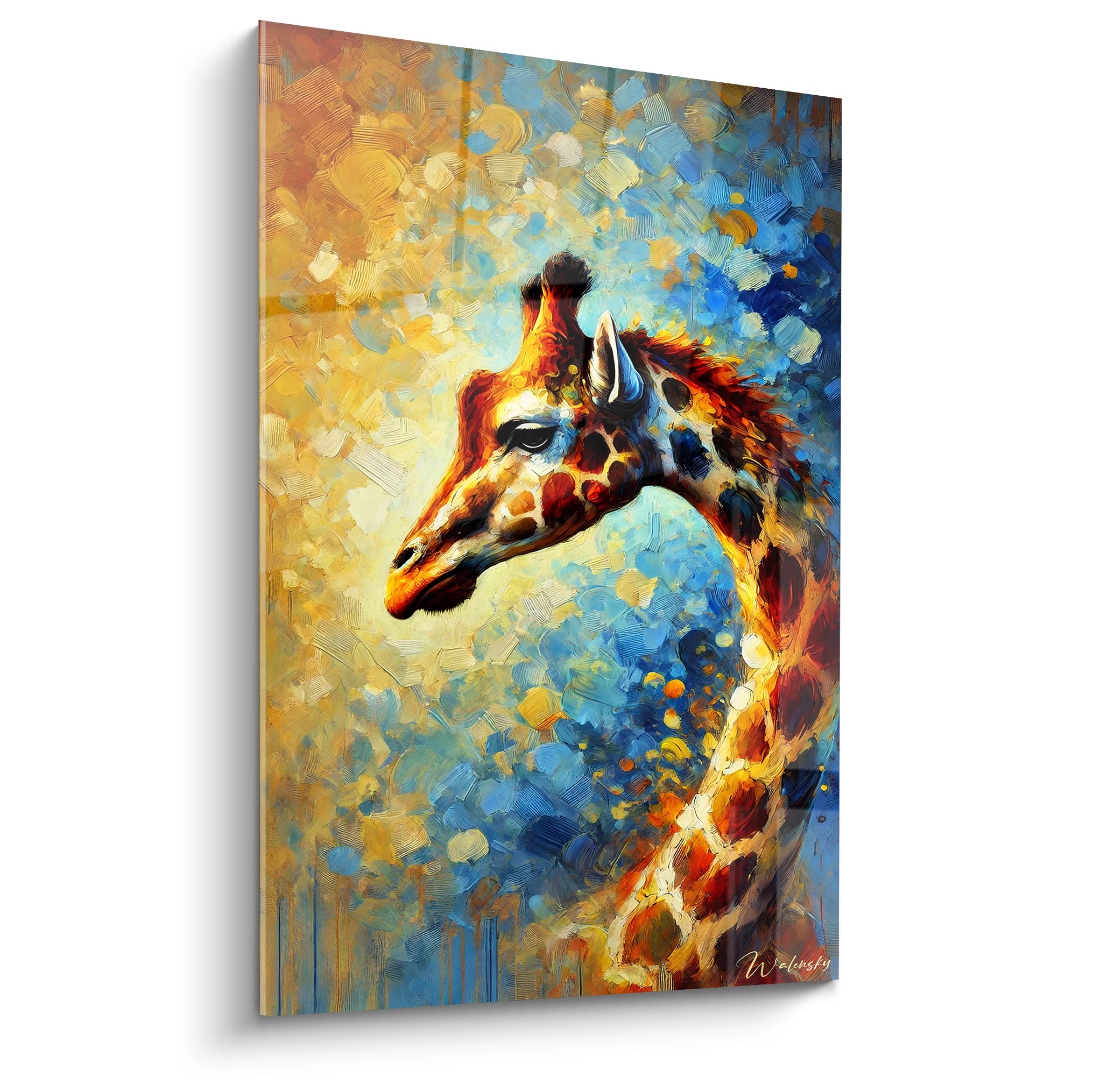 tableau girafe vu de biais avec ses couleurs vives bleu or et rouge dans un style semi-abstrait vibrant inspiration nature et savane parfaite pour illuminer votre décoration intérieure

