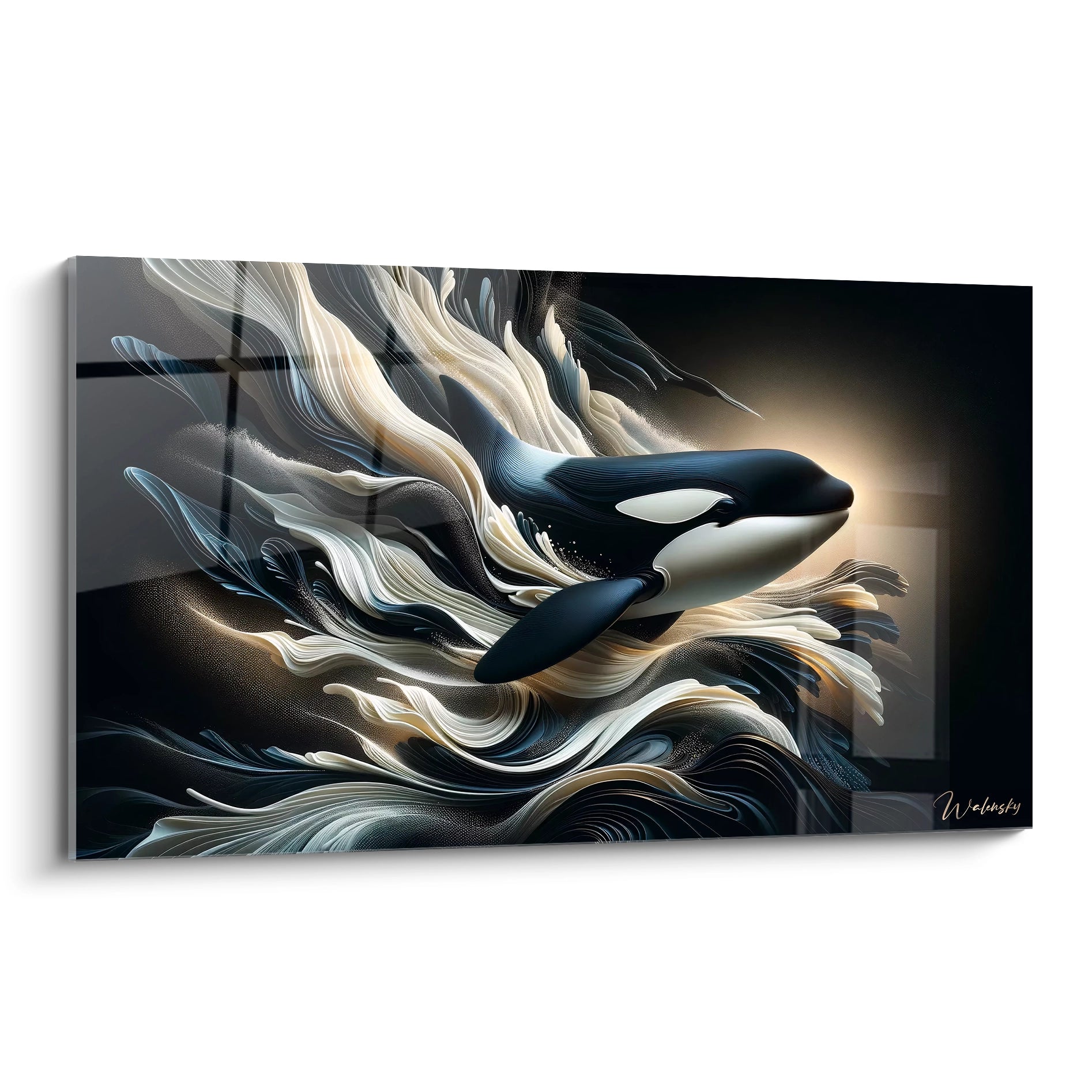 tableau orque vu de biais dans un style moderne noir beige et marine representation elegante de la force et de la fluidite de l ocean
