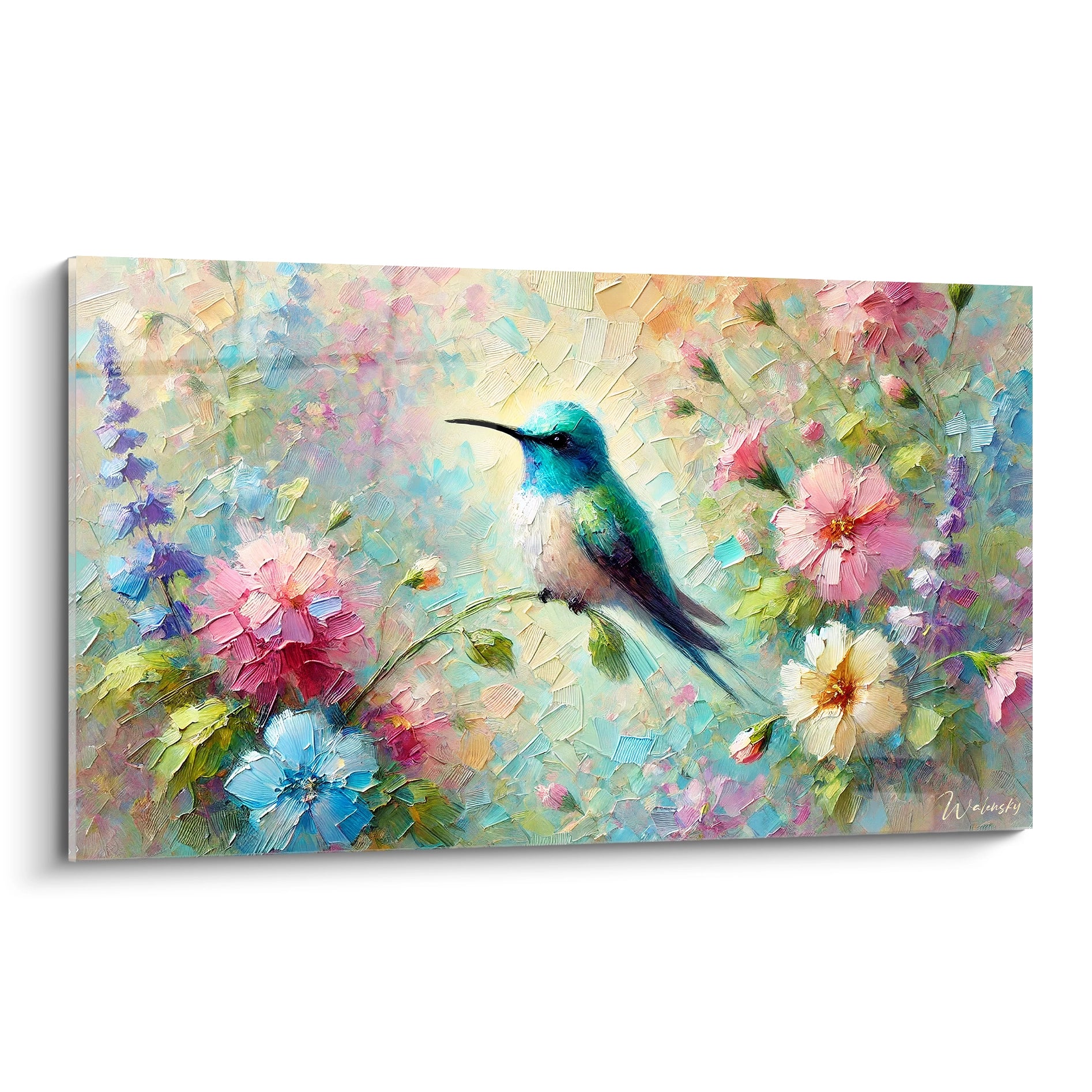 tableau colibri vu de biais avec des fleurs luxuriantes multicolores bleu rose et vert style impressionniste moderne

