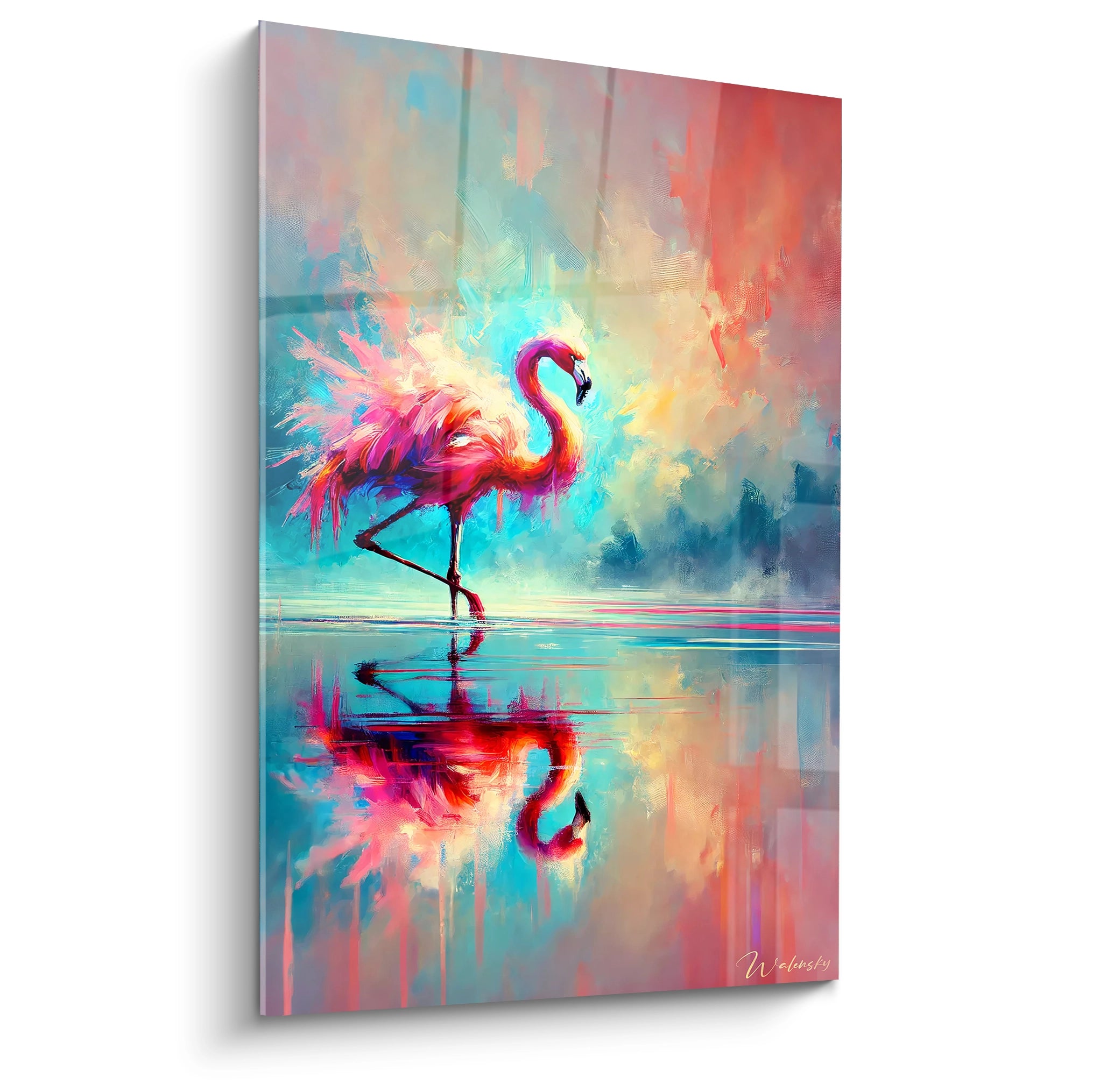 tableau flamand rose vu de biais explosion de couleurs roses bleues et oranges texture vaporeuse et semi-abstraite

