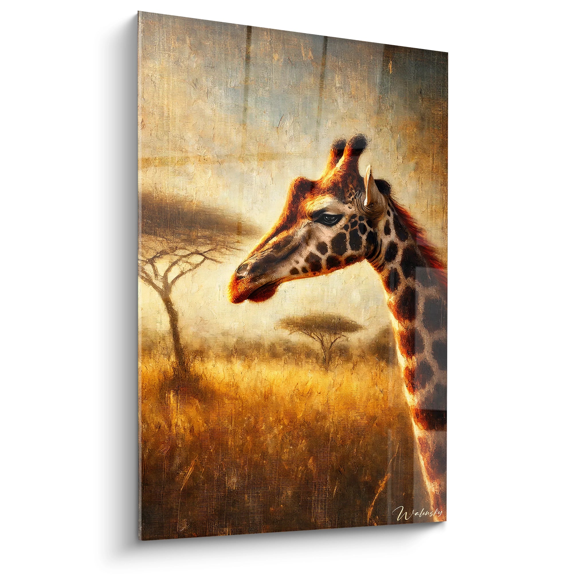 Tableau girafe vu de biais, révélant des détails impressionnistes. Nuances chaudes d’orange, marron et beige, inspirées de la savane africaine et du coucher de soleil.
