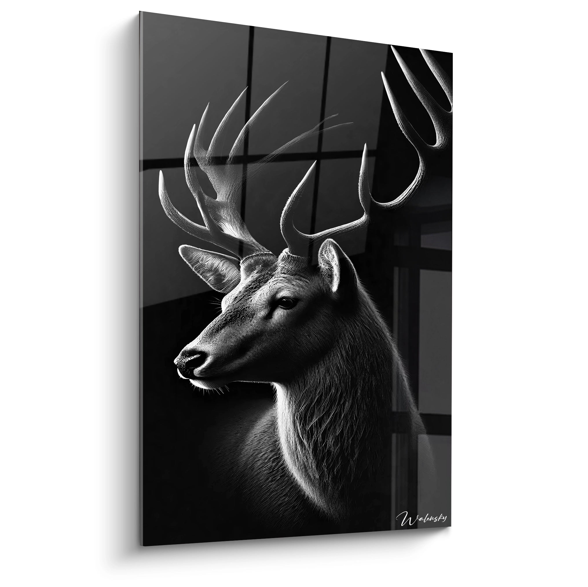 tableau cerf vu de biais noir et blanc avec un cerf majestueux ses bois détaillés et lumineux symbiose parfaite entre lumière et texture effet clair-obscur révélant une élégance intemporelle

