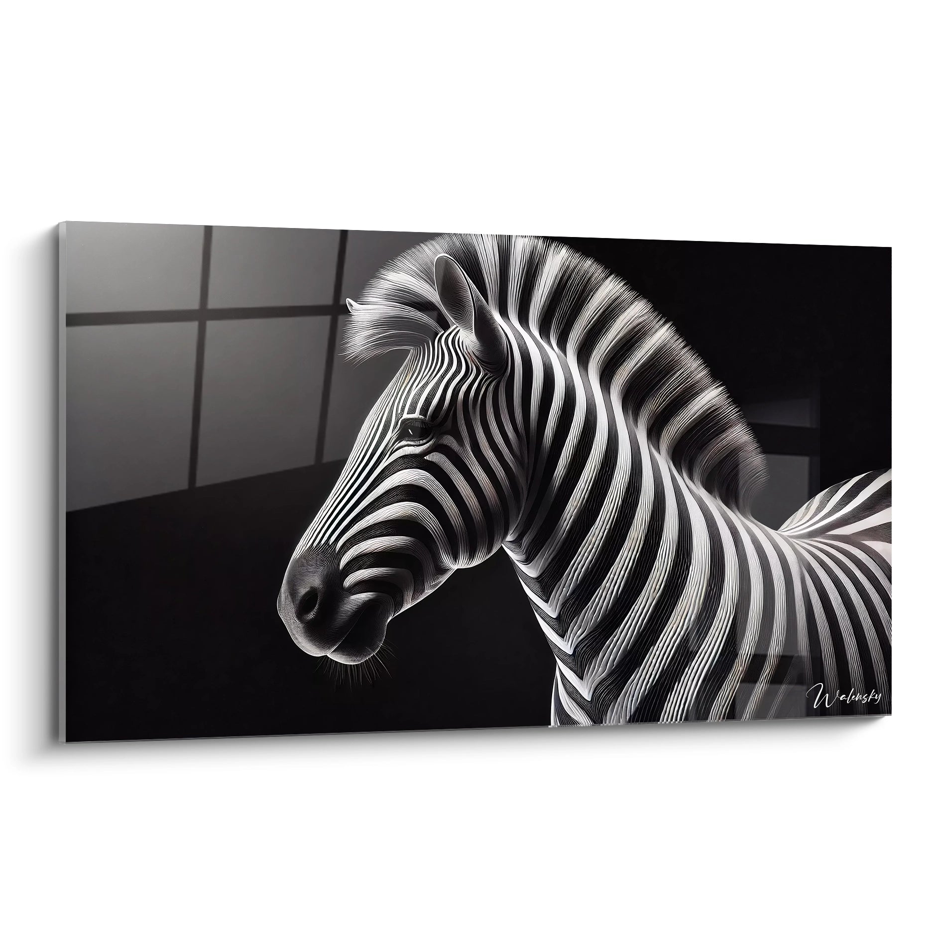 tableau zebre vu de biais aux rayures noires et blanches nettes contraste de lumiere et textures profondes parfaite harmonie entre realisme et minimalisme pour une deco elegante et apaisante

