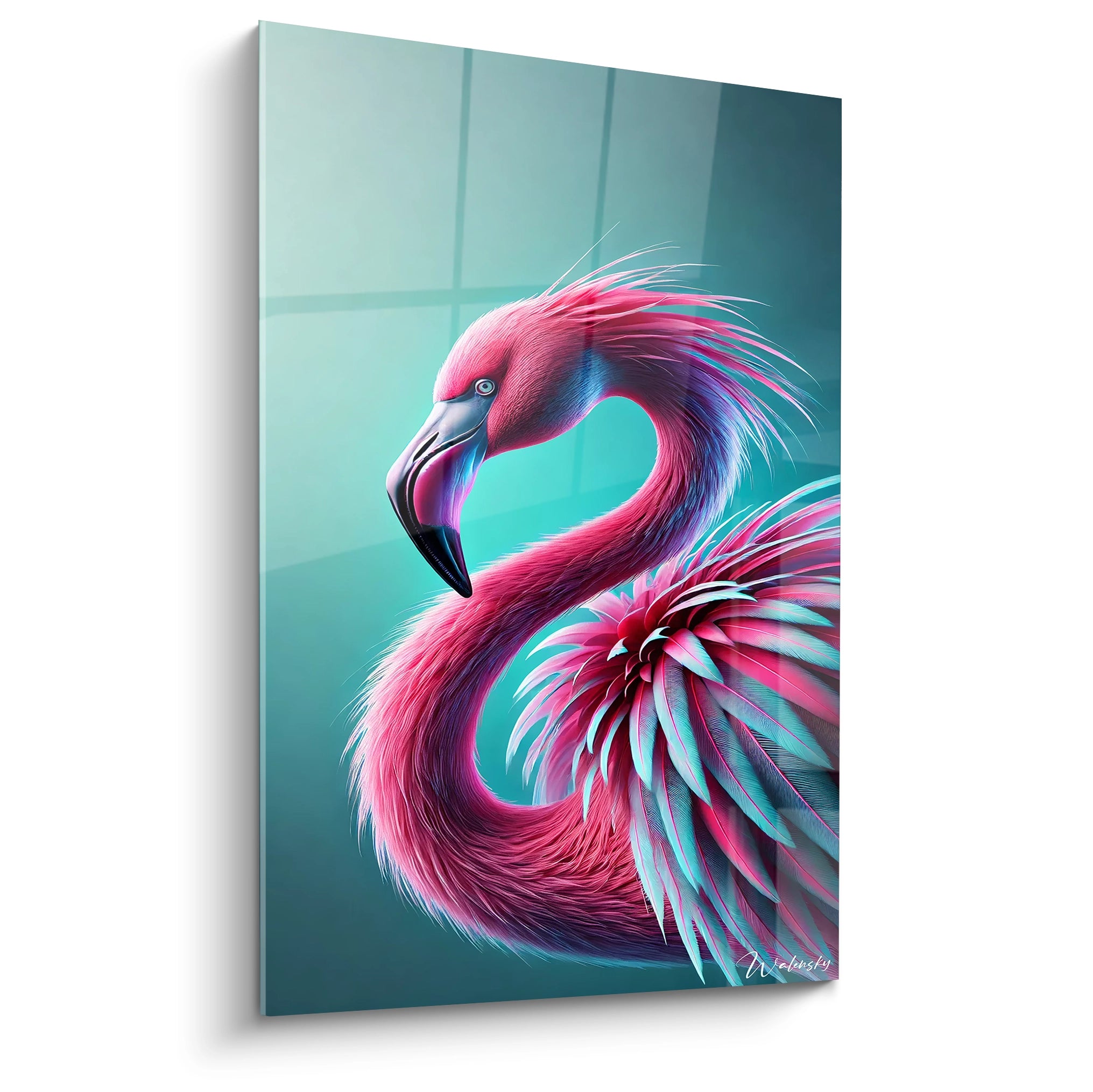 tableau flamand rose vu de biais sur un mur blanc accentuant les plumes roses vibrantes et le fond turquoise doux

