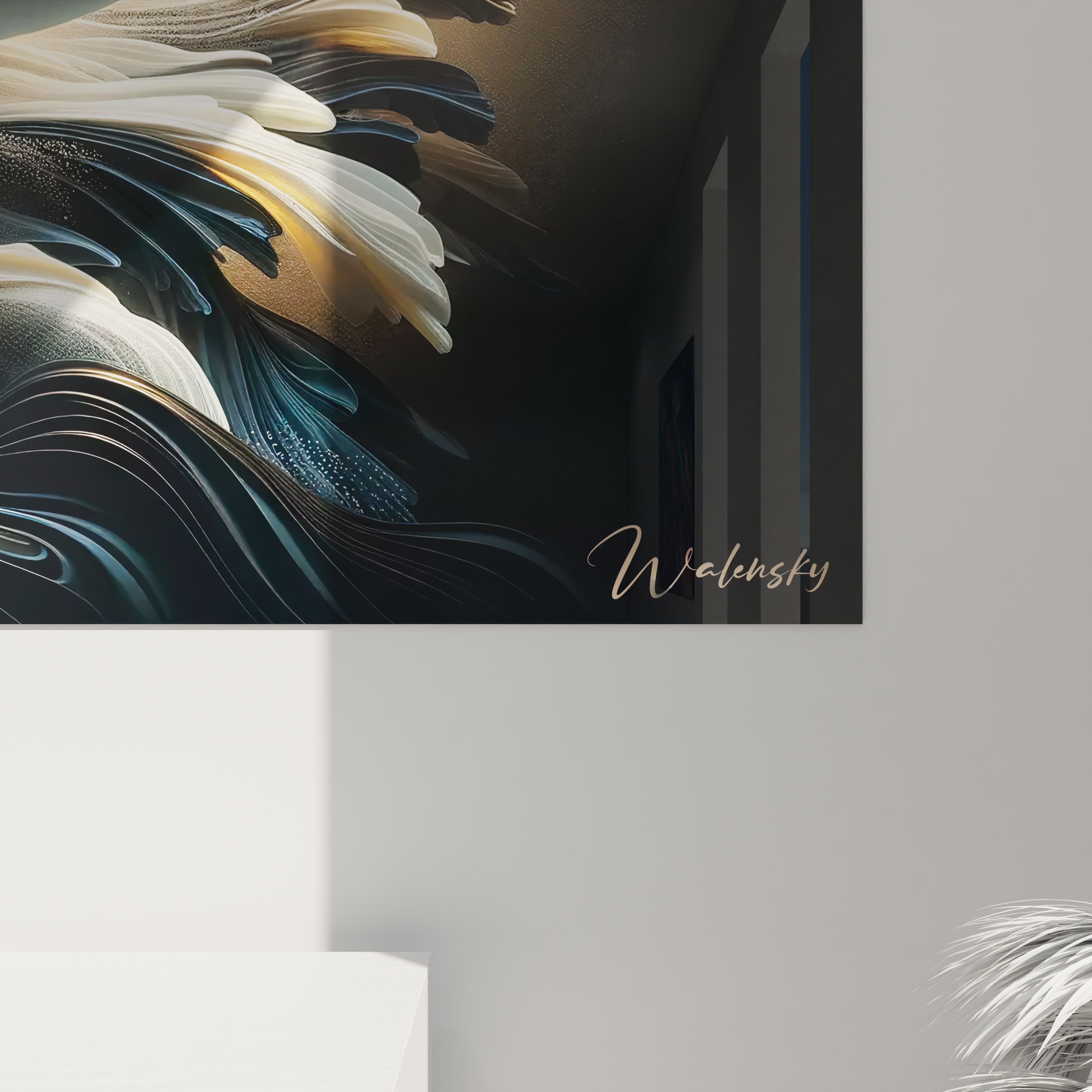 gros plan sur un tableau orque realiste details subtils de l eau mouvements artistiques tons noir beige et marine
