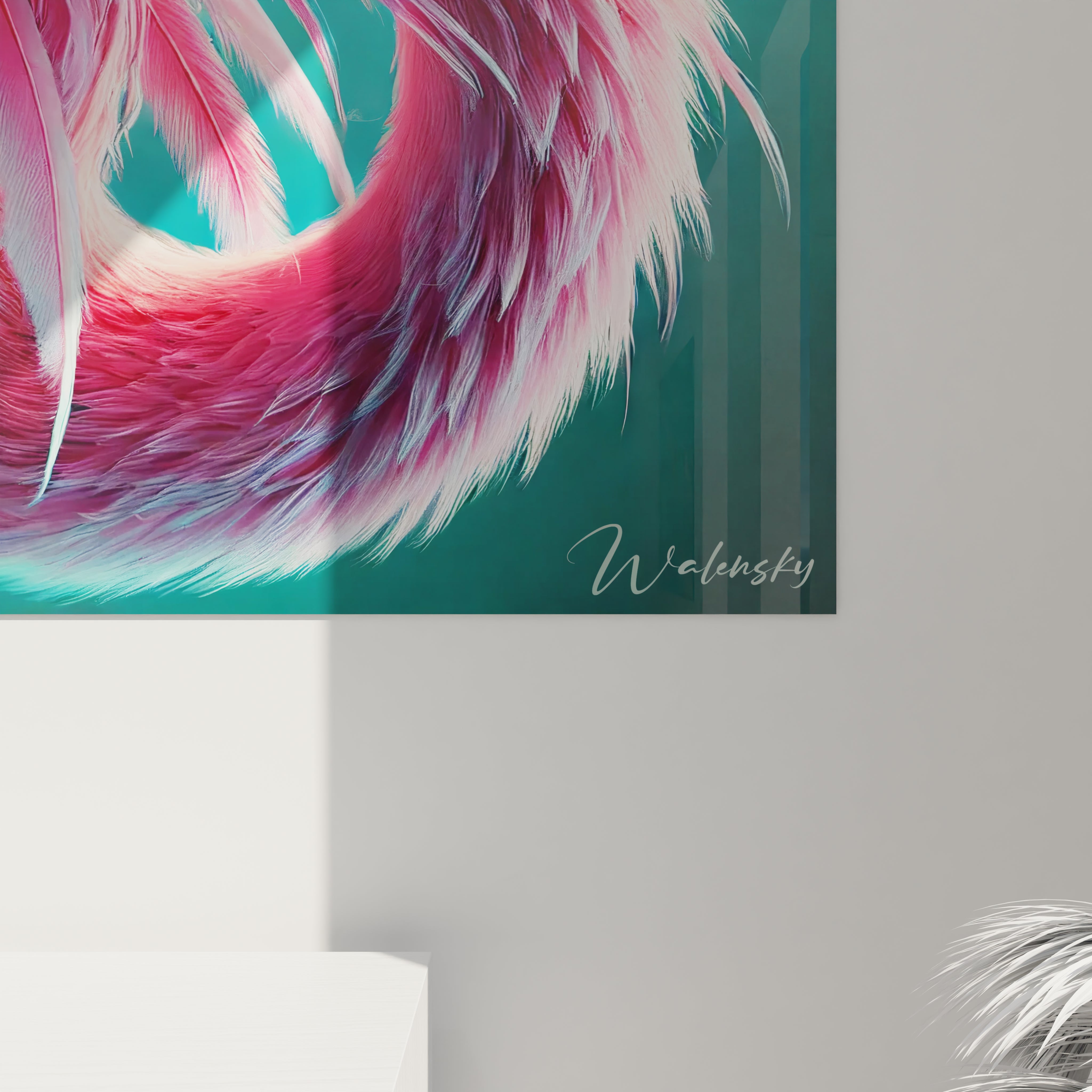 Gros plan sur le tableau flamand rose détails des plumes peintes avec minutie textures palpables fond abstrait ondulé couleurs saturées rose bleu argent inspiration surréaliste et créative.
