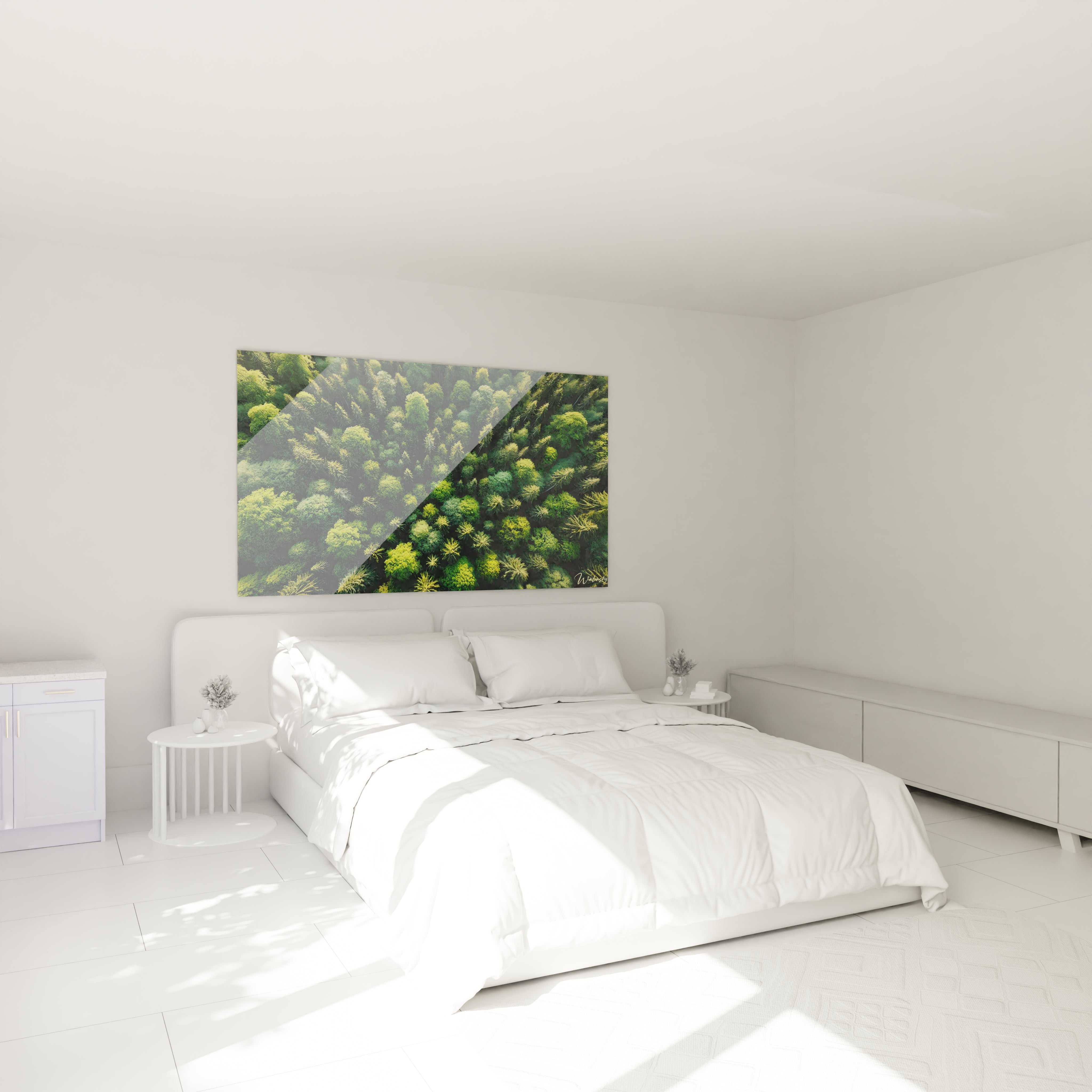 tableau Arbre accroché dans une chambre au-dessus du lit apporte une touche naturelle et apaisante rappelant la profondeur de la nature et la promesse de renouveau dans un intérieur chaleureux

