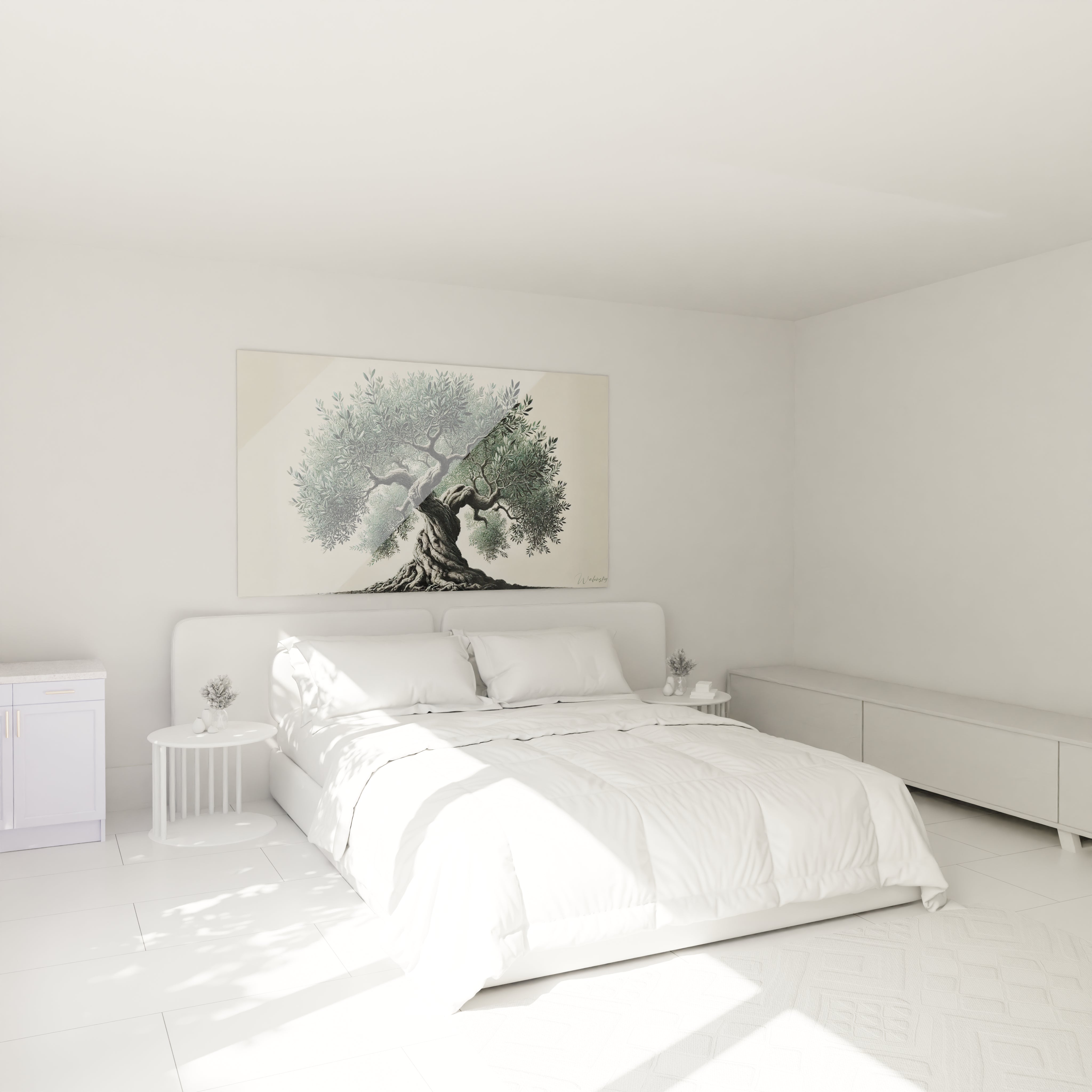 tableau Arbre accroche au dessus du lit dans une chambre apportant une ambiance apaisante et naturelle. L essence de l olivier inspire endurance et sagesse pour un decor harmonieux

