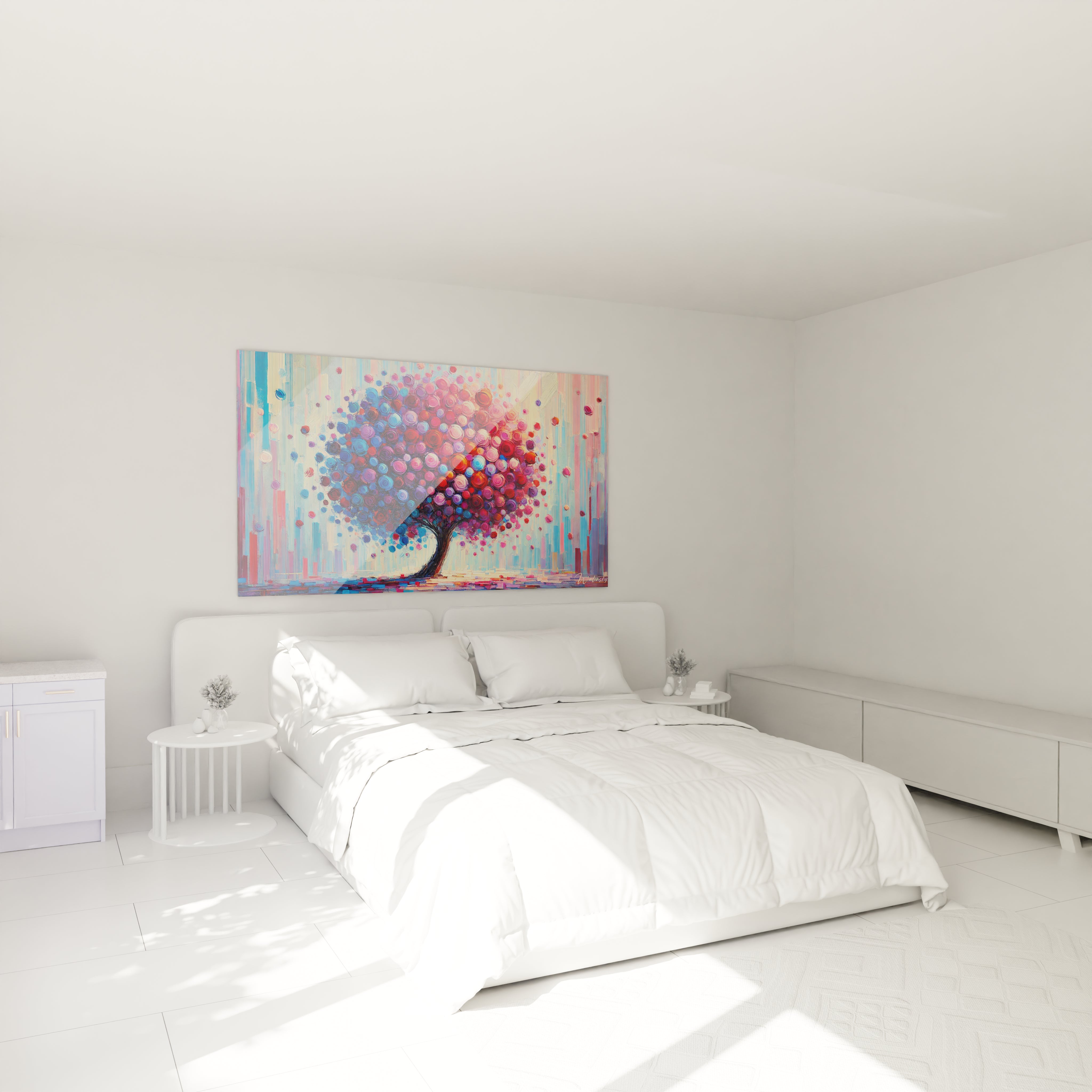 tableau Arbre suspendu au mur dans une chambre au dessus du lit Apportez une touche de nature et de serenite a votre espace grace a ce tableau arbre multicolore et energique

