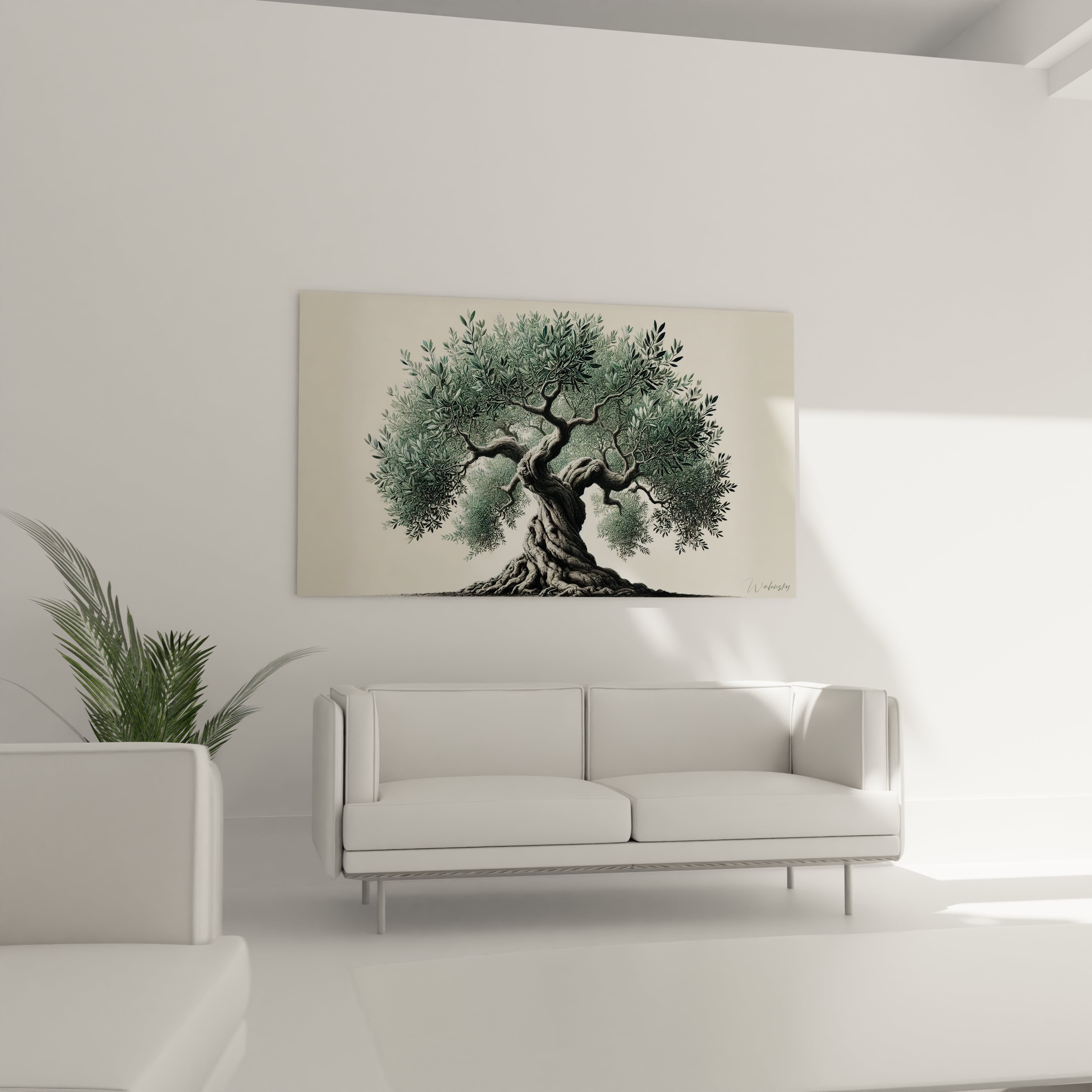 tableau Arbre place au dessus du canape dans un salon. Le realisme de l olivier symbolise la connexion terre ciel apportant une touche de nature et de serenite a votre interieur

