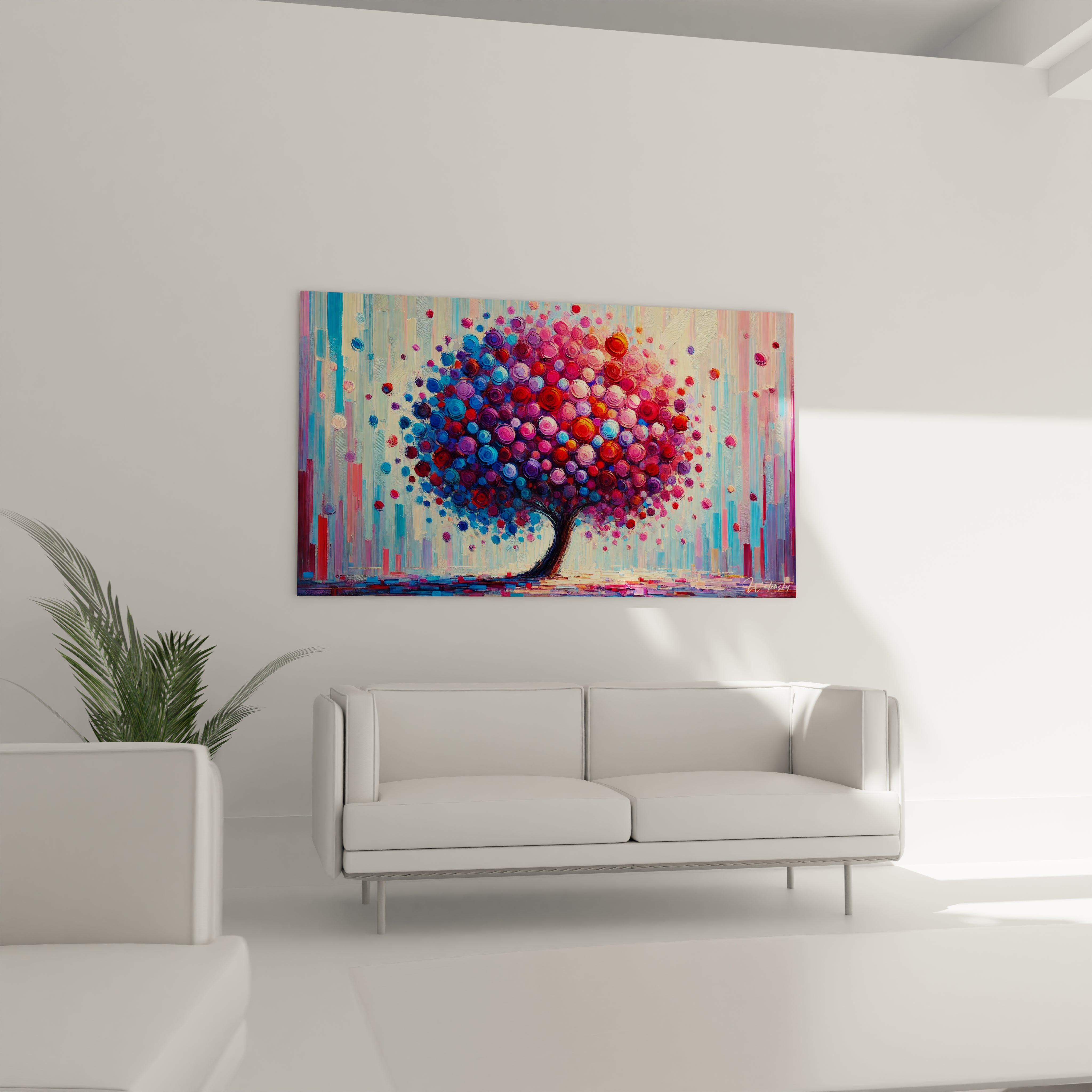 tableau Arbre accroche au mur dans un salon au dessus d un canape Les couleurs vibrantes de ce tableau arbre ajoutent une energie positive et une touche contemporaine a votre interieur

