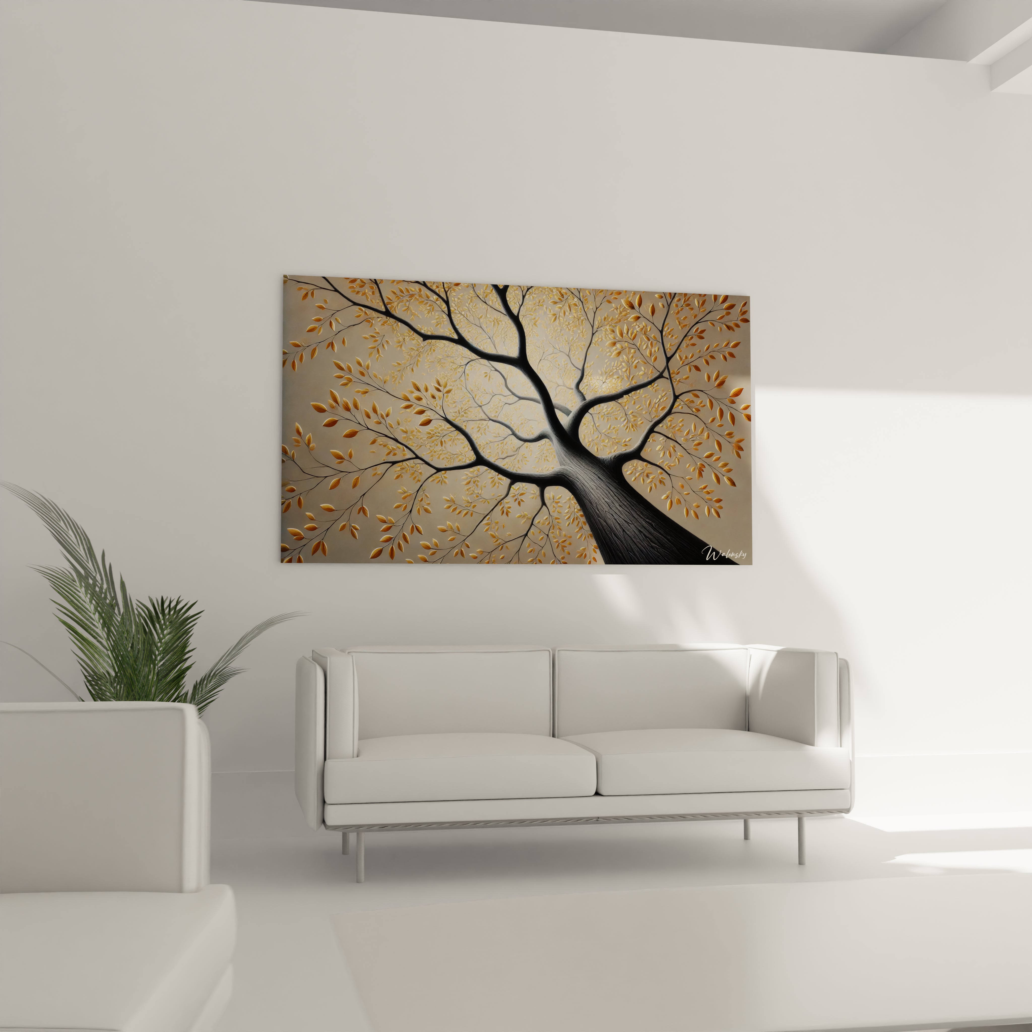 Tableau Arbre au-dessus du canapé dans le salon apporte une touche de lumière et de sérénité avec ses branches dorées et son style contemporain

