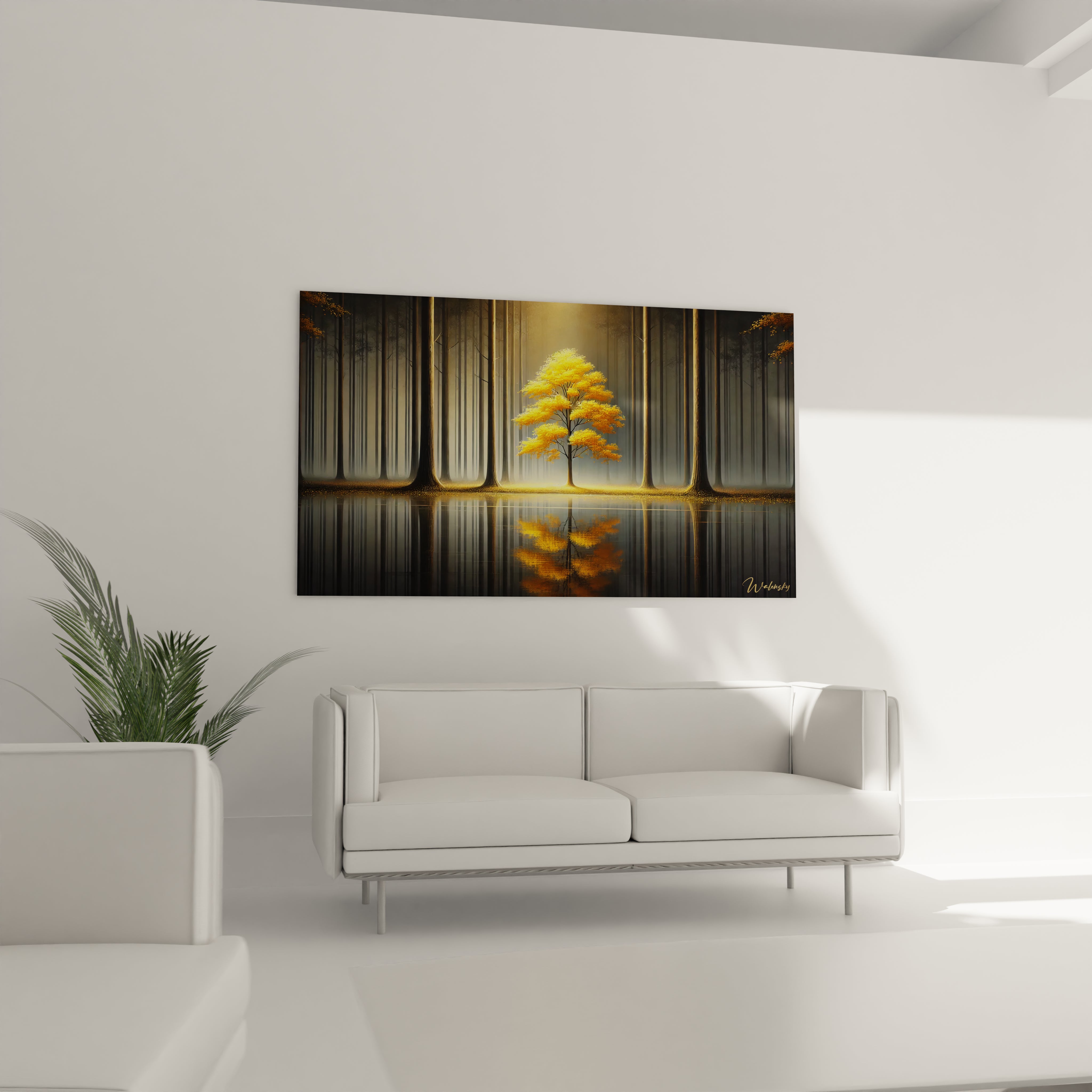 Au dessus du canape, ce tableau Arbre sublime le salon par son contraste unique. L'arbre lumineux au centre inspire serenite et se demarque dans un fond sombre, apportant une ambiance apaisante.

