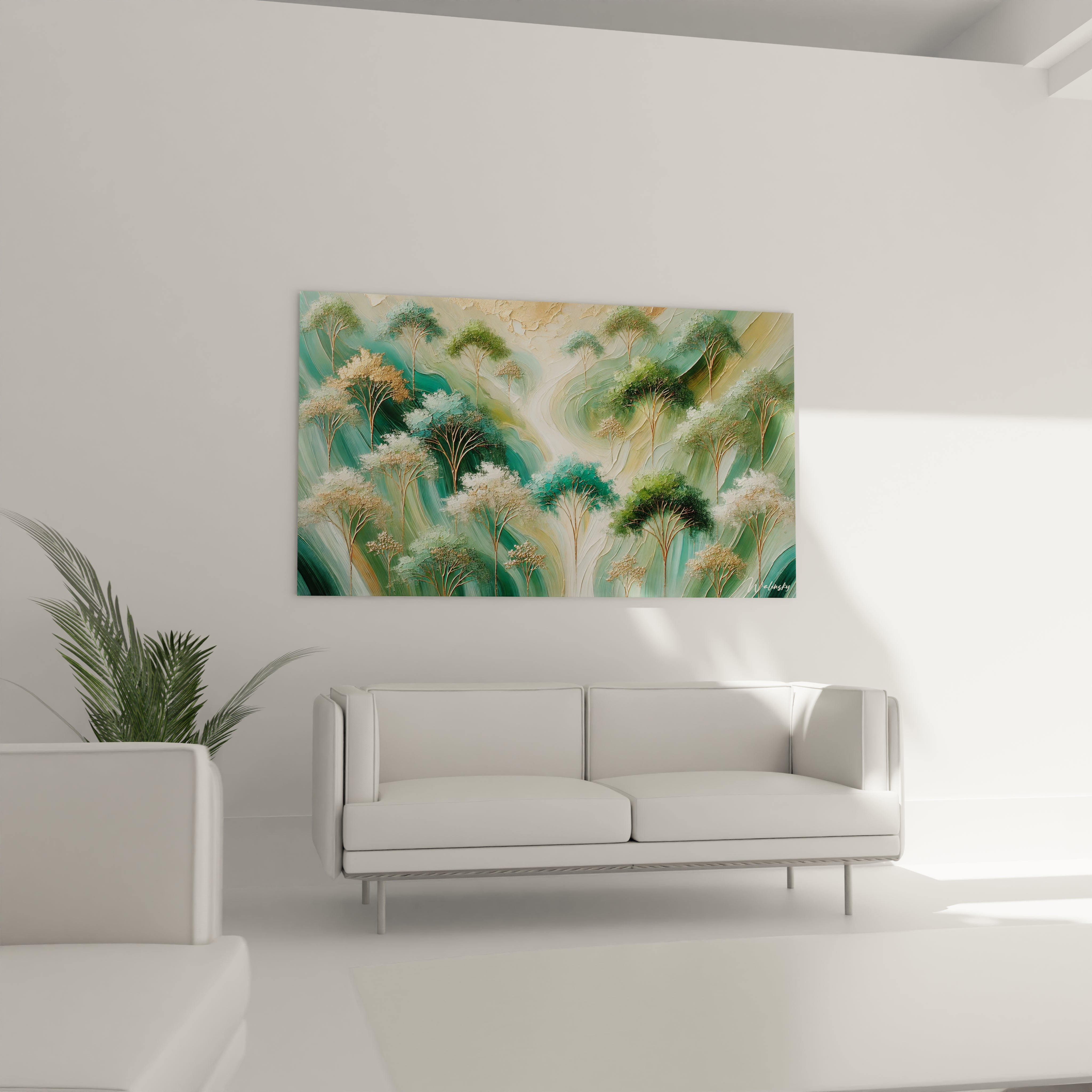 Dans un salon, ce tableau arbre apporte une touche naturelle et contemporaine au-dessus du canape. Les textures et couleurs apaisantes inspirent calme et connexion avec la nature.

