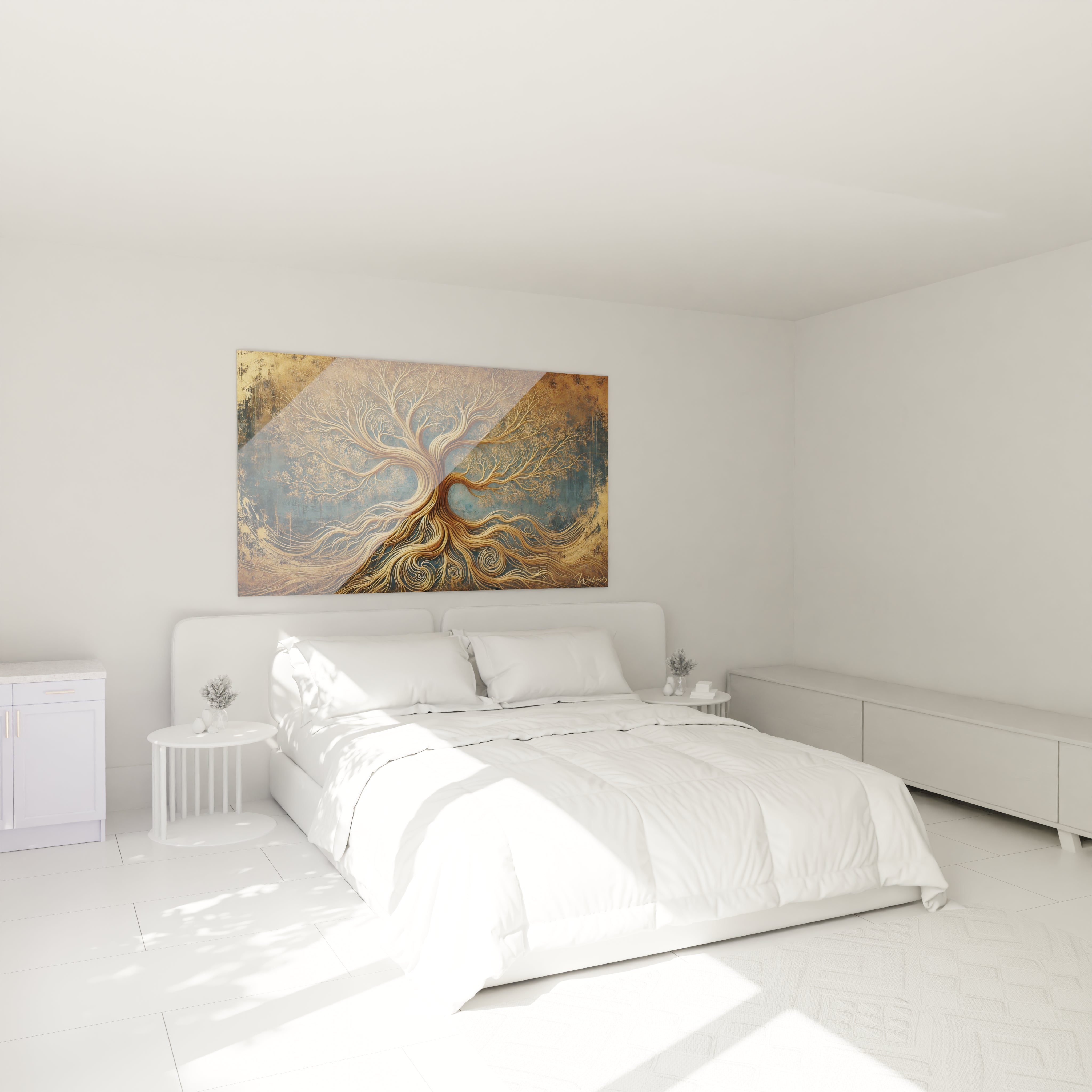 Sublimez votre chambre avec ce tableau Arbre de Vie, accroche au-dessus du lit, ajoutant une ambiance apaisante et une connexion spirituelle unique.

