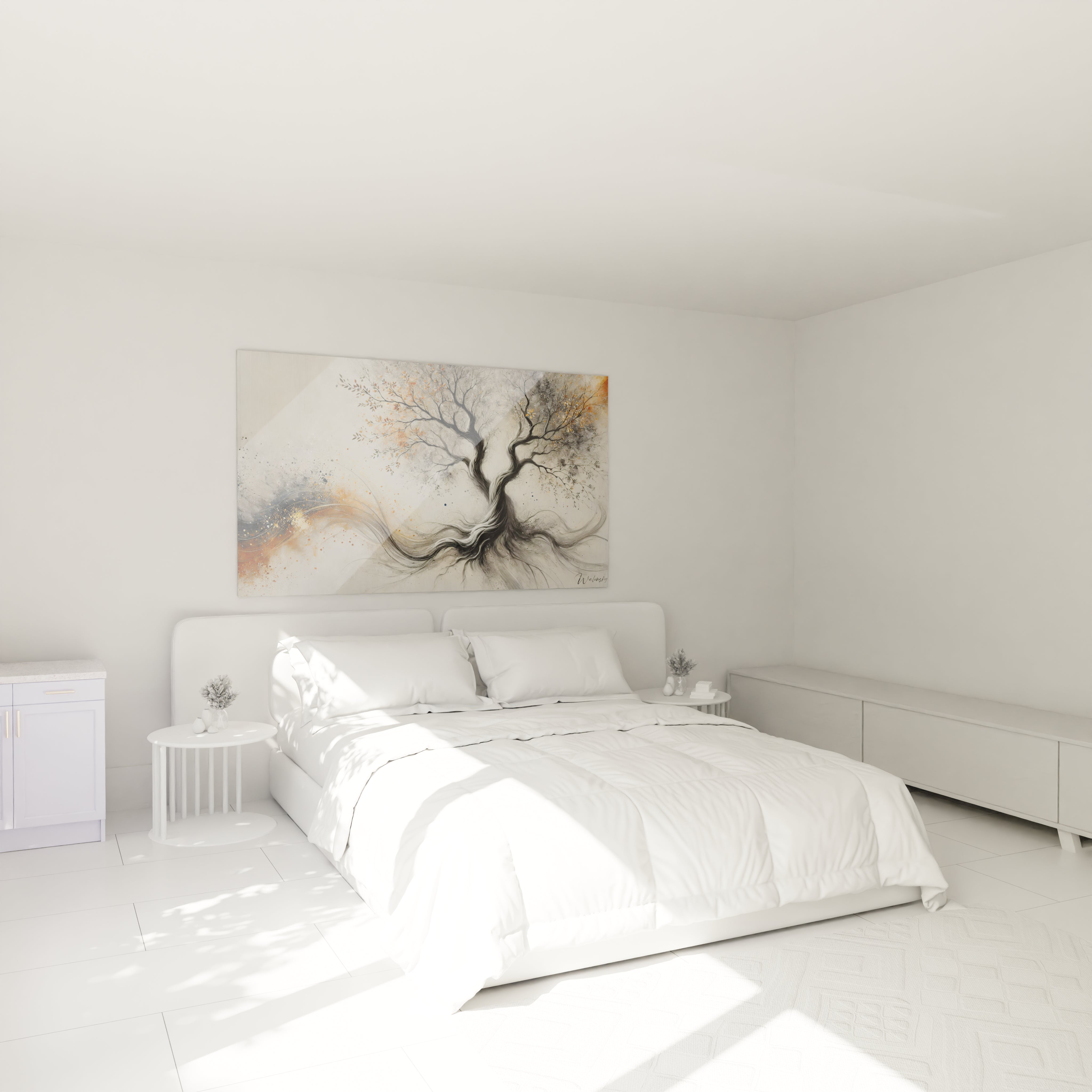 Le tableau Arbre de Vie sublime la chambre, apportant une ambiance sereine et chaleureuse grace a ses couleurs harmonieuses et ses formes poetiques inspirees de la nature.

