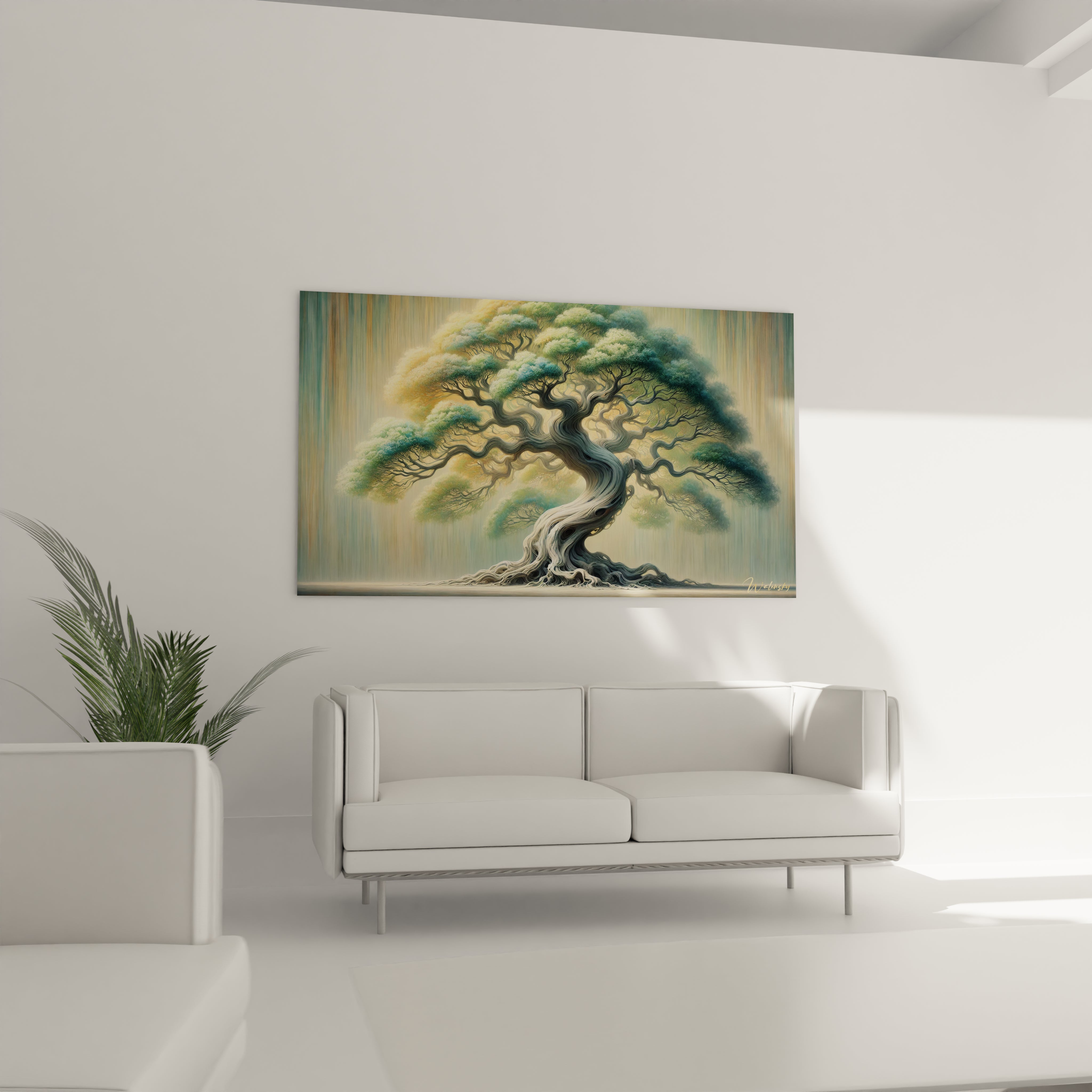 Sublimez votre salon avec le tableau Arbre de Vie au-dessus du canapé, une pièce centrale qui invite à la contemplation et crée une ambiance apaisante.

