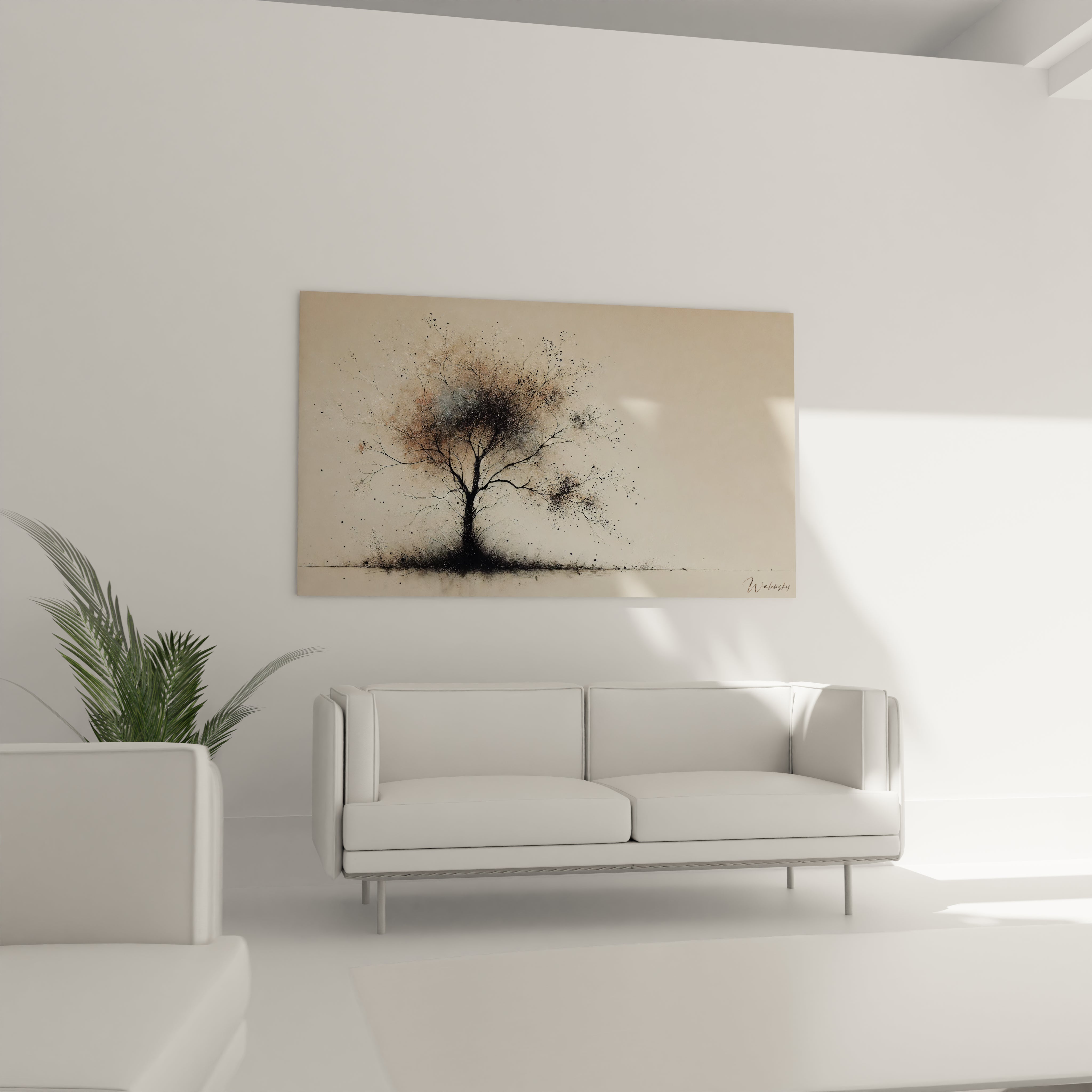 Apportez une touche de poésie à votre salon avec le tableau Arbre de Vie, placé au-dessus du canapé pour un impact visuel et émotionnel unique.

