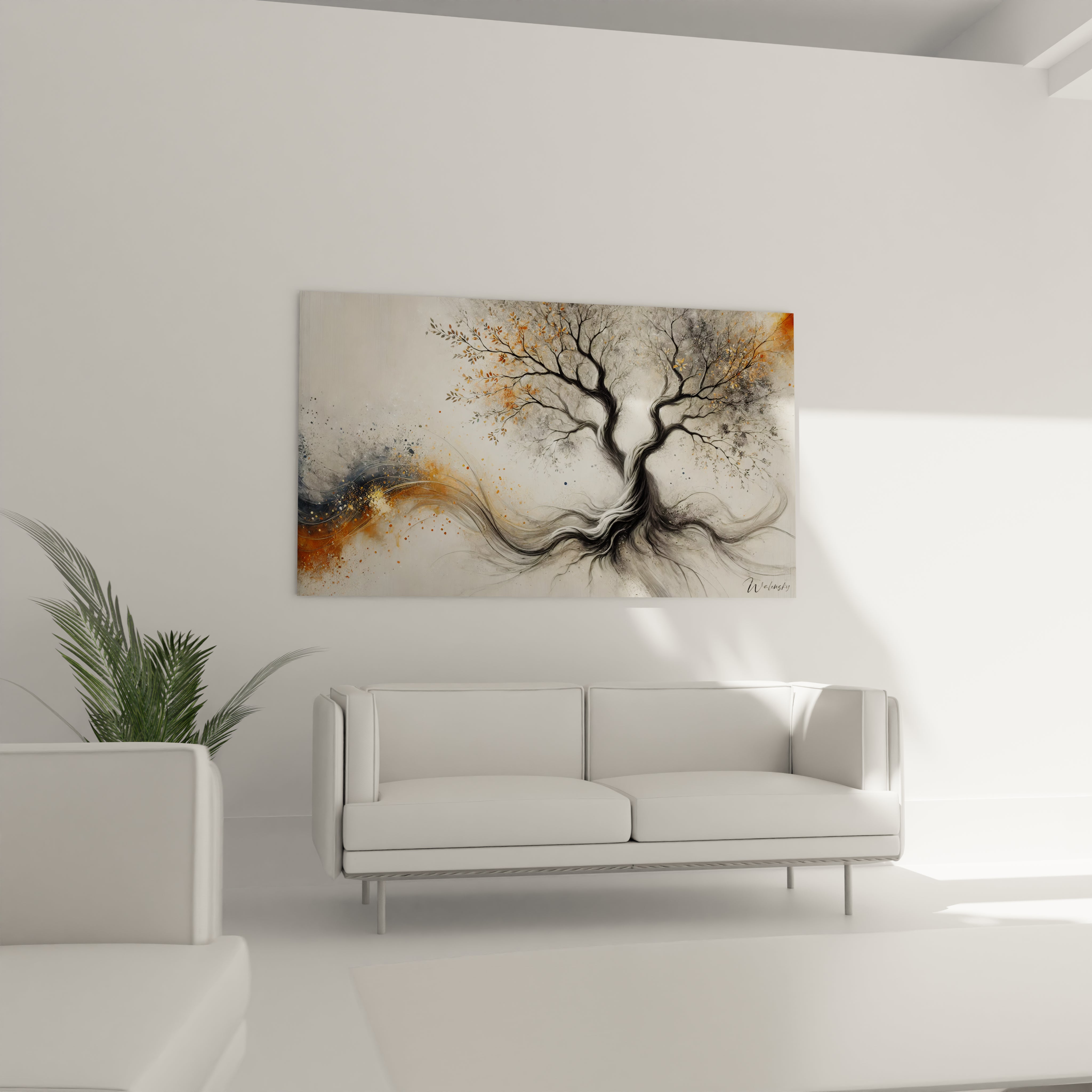 Le tableau Arbre de Vie, accroche au-dessus du canape, devient la piece maitresse du salon, capturant le regard avec son melange d'energie et de serenite naturelle.

