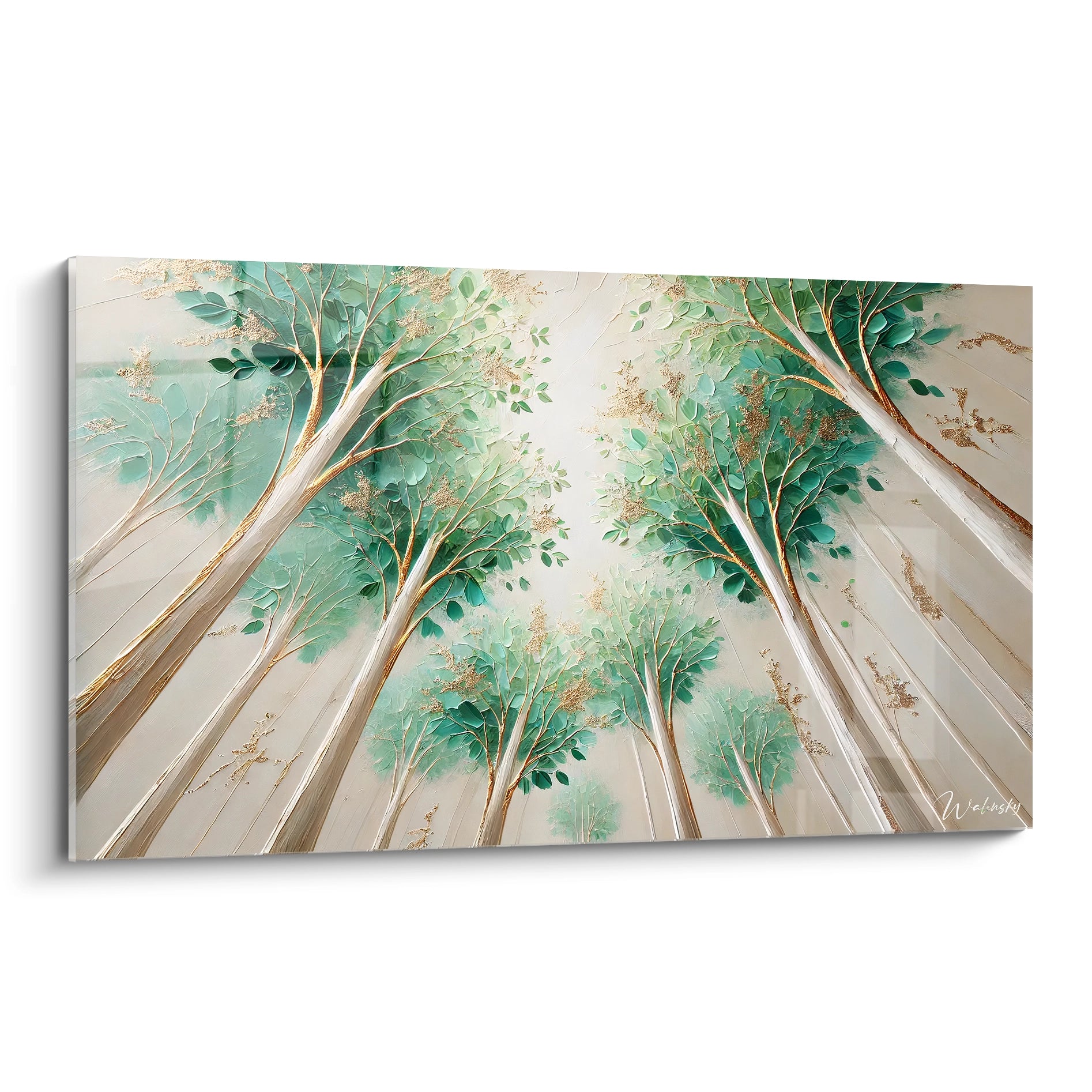 Tableau Arbre contemporain de biais, avec des troncs majestueux et des touches dorées qui illuminent l'oeuvre. Ce tableau invite à la contemplation et célèbre la beauté apaisante de la nature.

