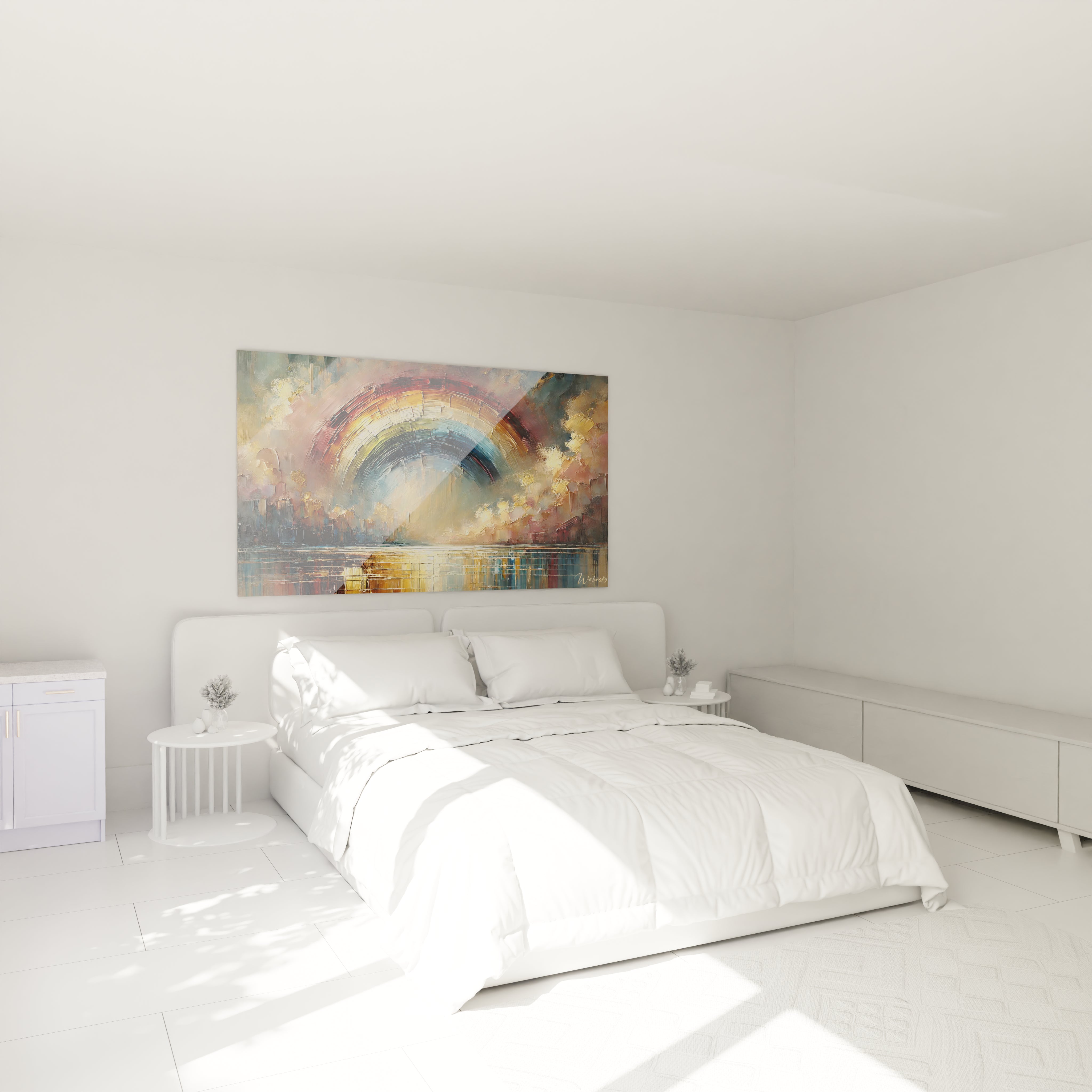 Tableau Arc-en-Ciel accroché au mur au-dessus du lit dans une chambre apaisante, ajoutant une ambiance lumineuse et inspirante, parfaite pour créer un espace de rêve et de positivité