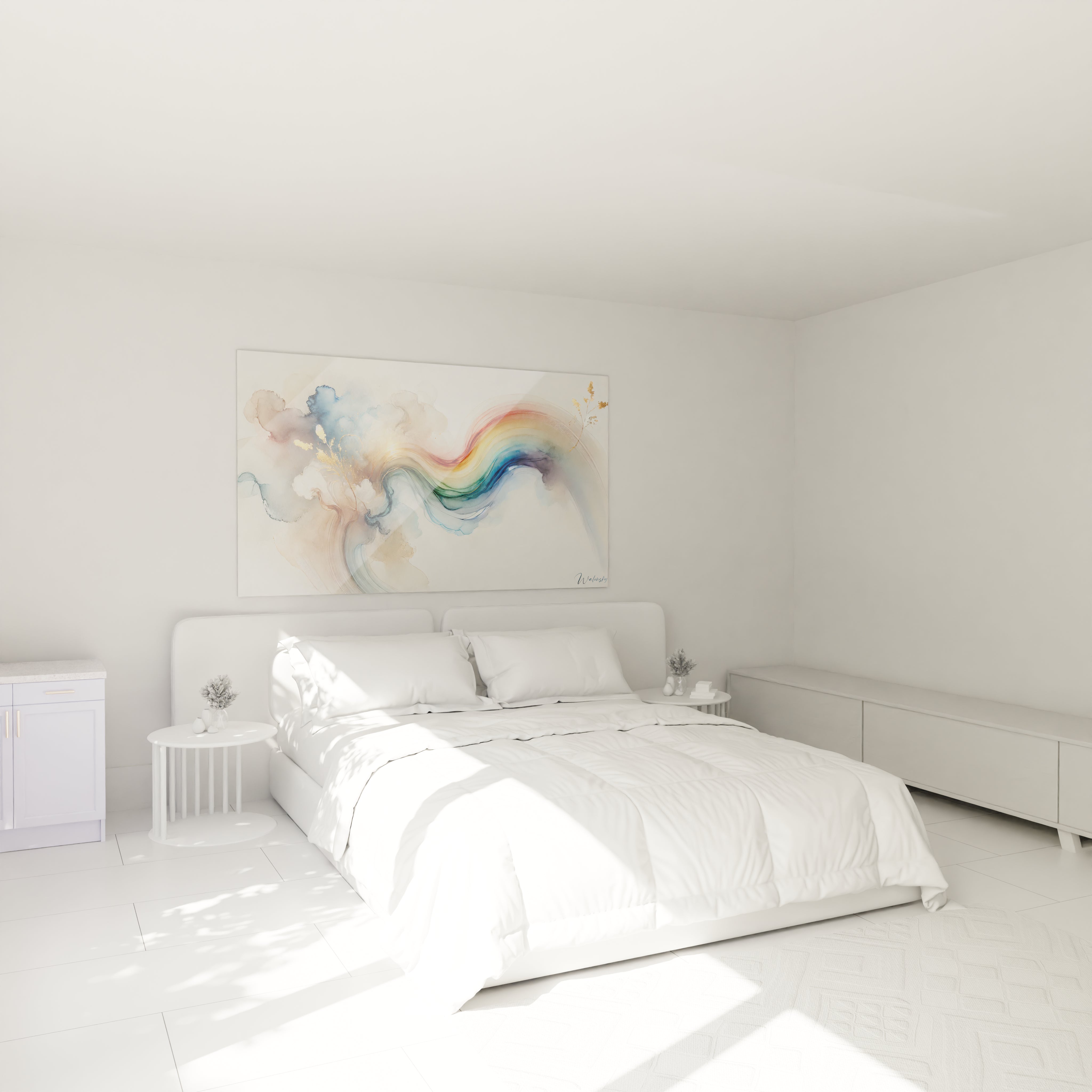 Dans une chambre, le tableau Arc-en-Ciel sublime l'espace au-dessus du lit avec ses teintes multicolores et touches dorees. Il insuffle une ambiance apaisante et inspiree, ideale pour demarrer ou conclure la journee.

