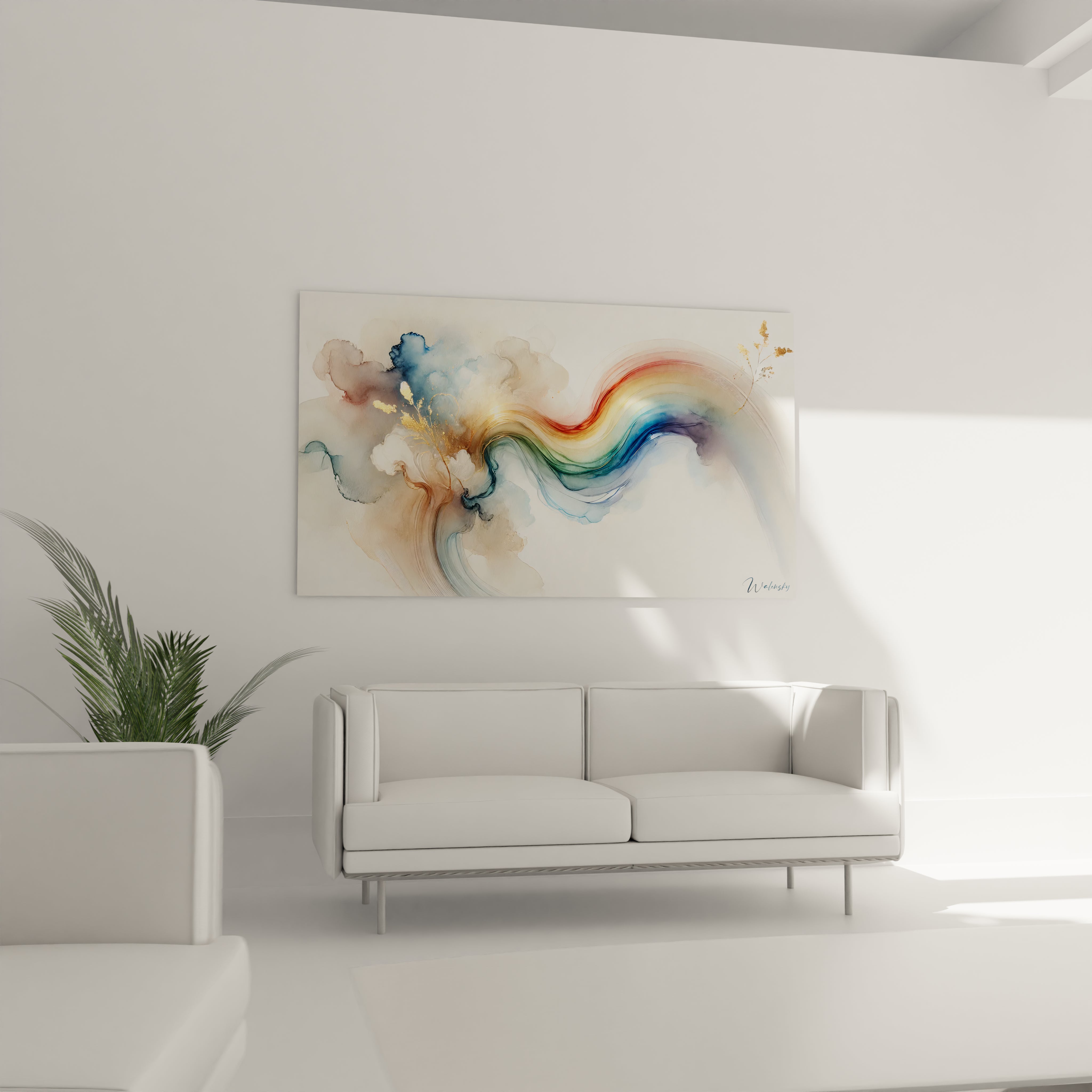 Au-dessus d'un canape dans le salon, ce tableau Arc-en-Ciel illumine la piece avec ses couleurs vibrantes et son aura contemporaine. Une veritable touche de poesie et de dynamisme pour votre decor.

