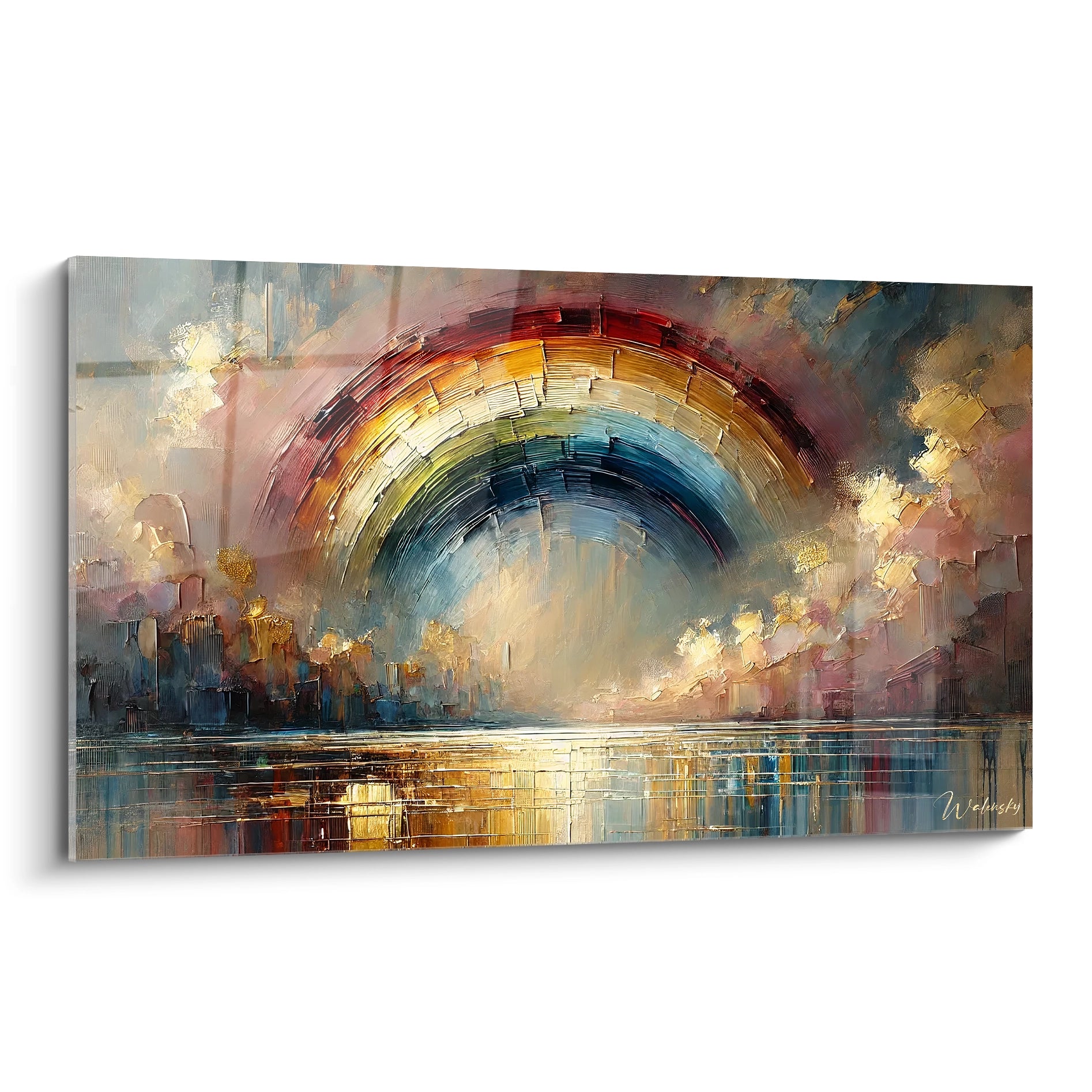 Vue de biais du tableau Arc-en-Ciel, capturant la fusion des couleurs et la texture riche de l'œuvre, reflet d'espoir et de lumière pour une décoration intérieure poétique et vibrante