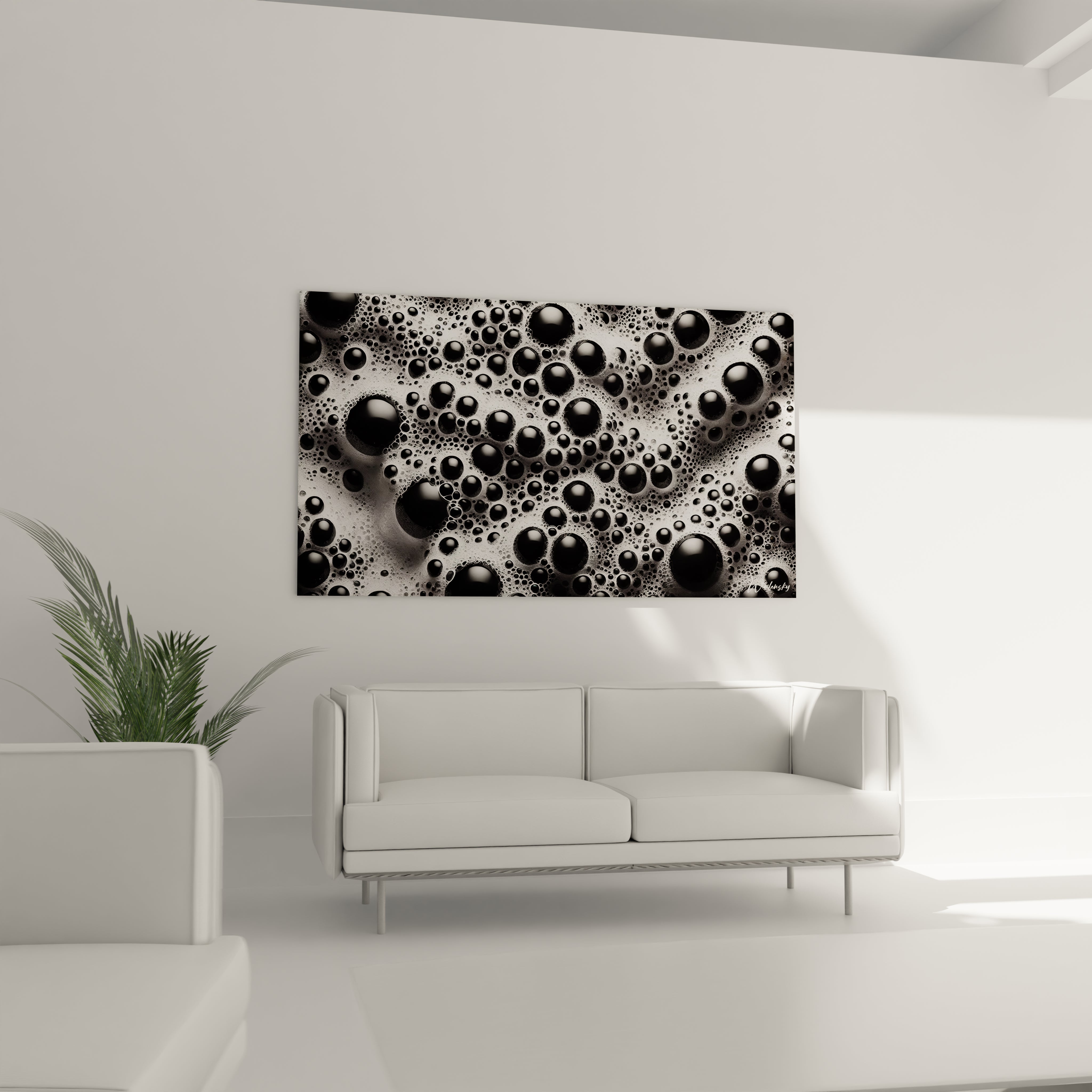 Un tableau artistique abstrait composé de sphères noires brillantes et d'une mousse argentée, créant un effet visuel dynamique avec des teintes argent, blanc et noir.

