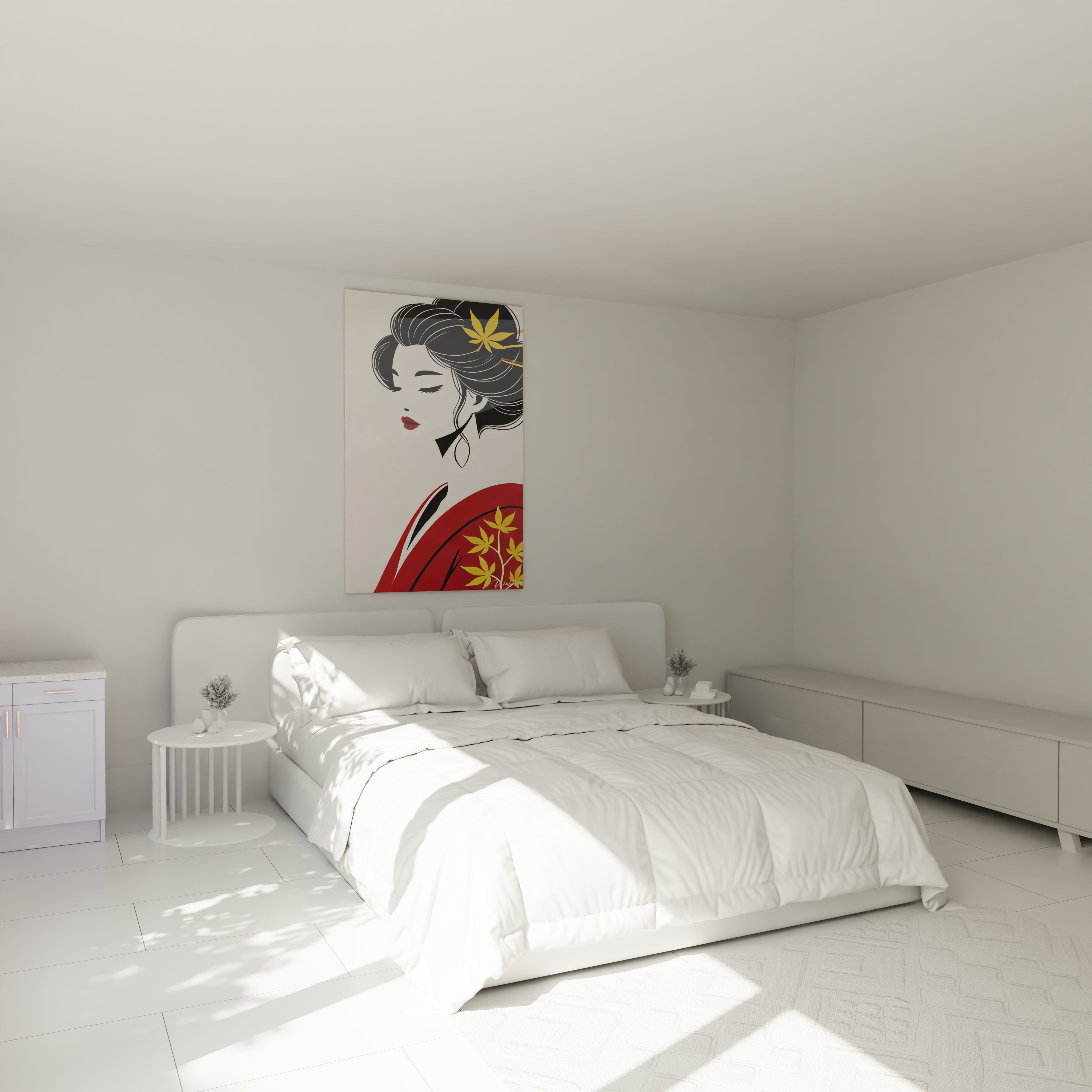 tableau asiatique accroche au mur d'une chambre rouge noir et or avec des elements floraux dorures dans les cheveux parfait pour une ambiance apaisante et intime qui inspire la meditation

