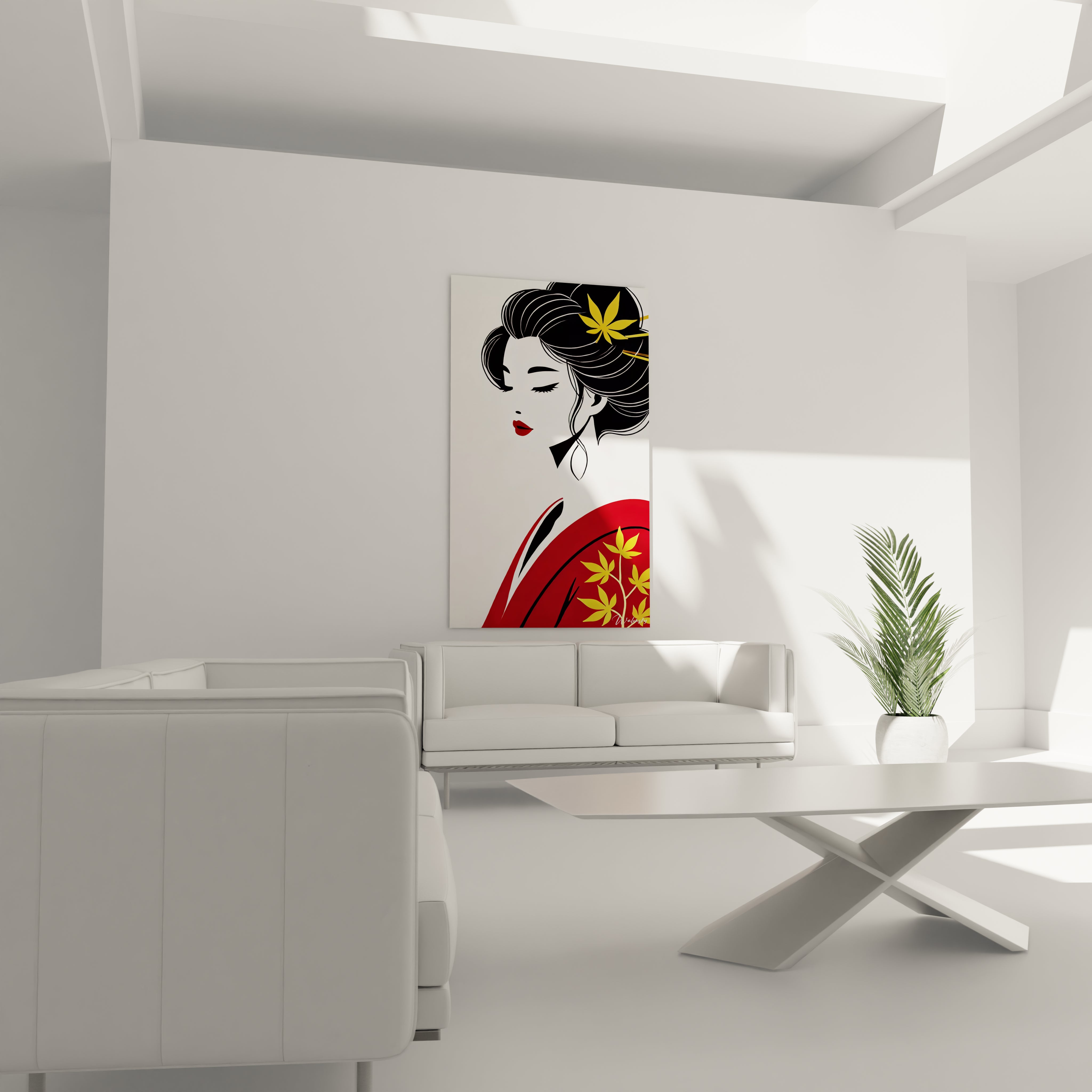 tableau asiatique dans un salon moderne au-dessus d'un canape teintes rouges et noires forte presence figure feminine en meditation lignes epurees pour une harmonie culturelle et elegante

