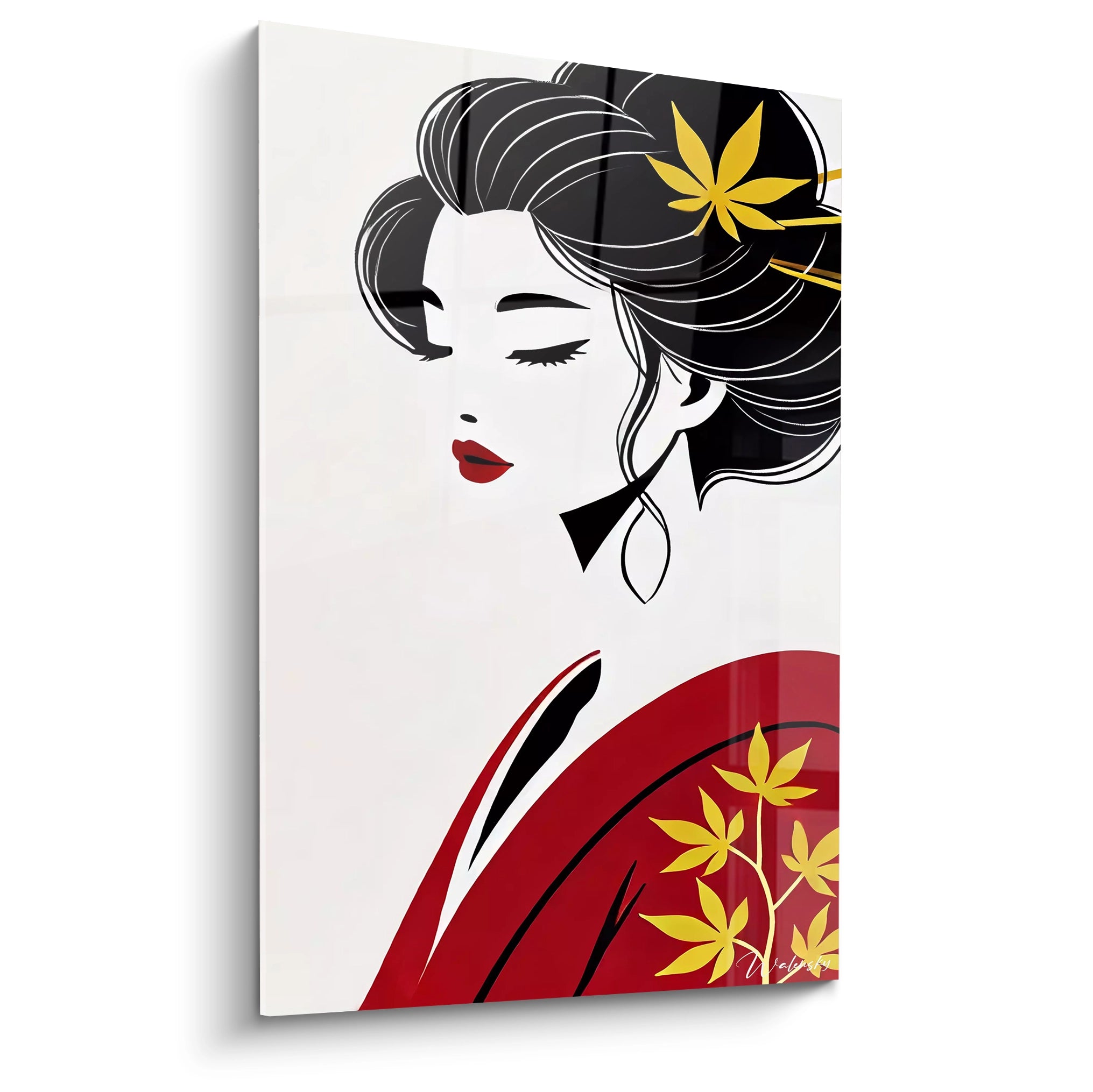 tableau asiatique vu de biais avec des touches de rouge profond noir et or evoquant un kimono traditionnel serenite et introspection dans un style minimaliste inspire des estampes japonaises

