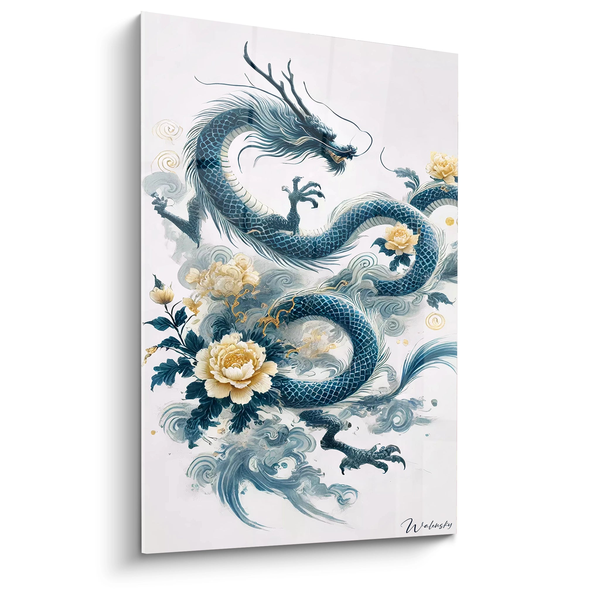 tableau asie vu de biais avec dragon sinueux bleu profond pivoines creme nuages or harmonie entre puissance et elegance style estampe asiatique moderne

