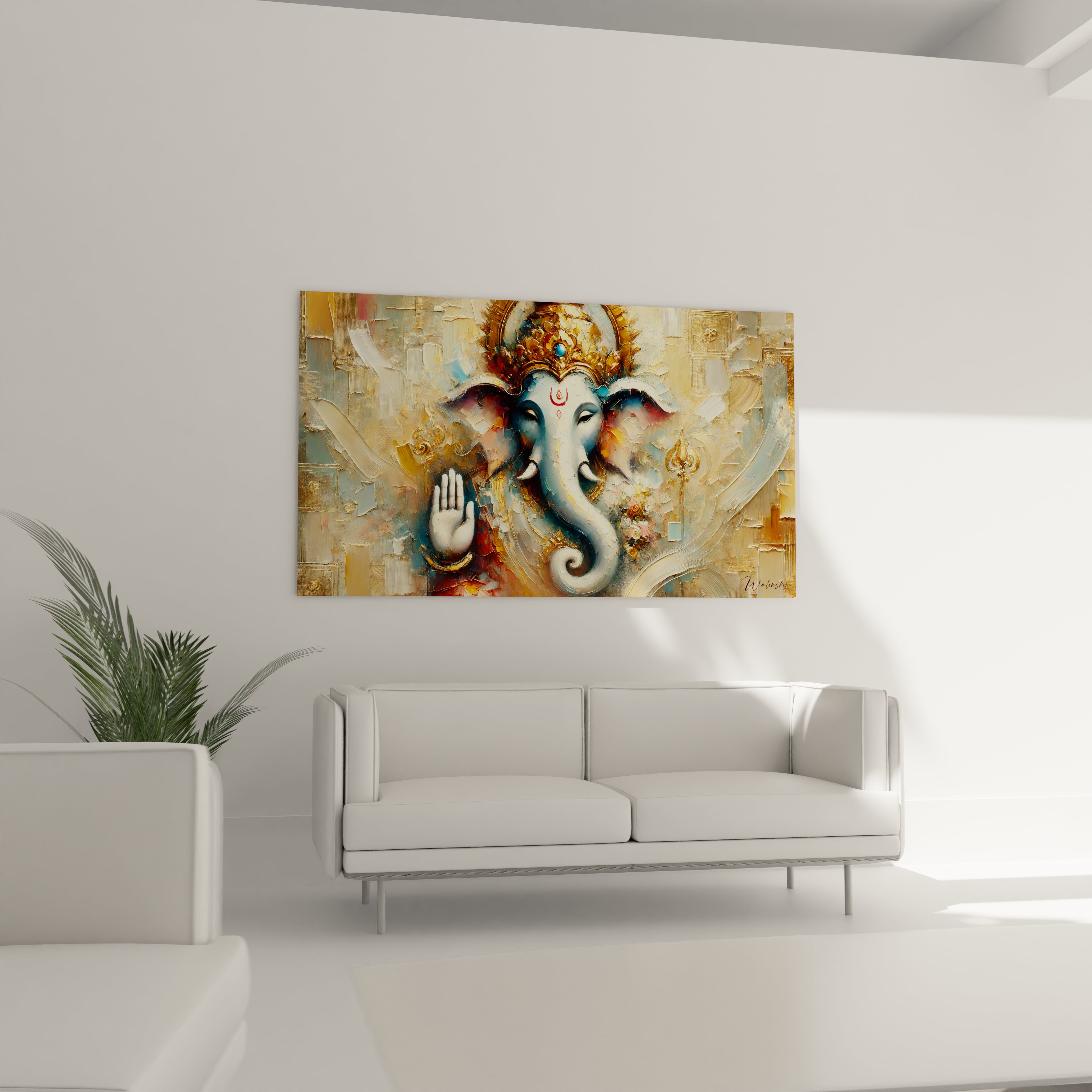 Accroché au-dessus du canapé, ce tableau Asie enrichit le salon d'une touche spirituelle. La présence de Ganesh en couleurs contrastées transforme l'espace en un lieu de contemplation.

