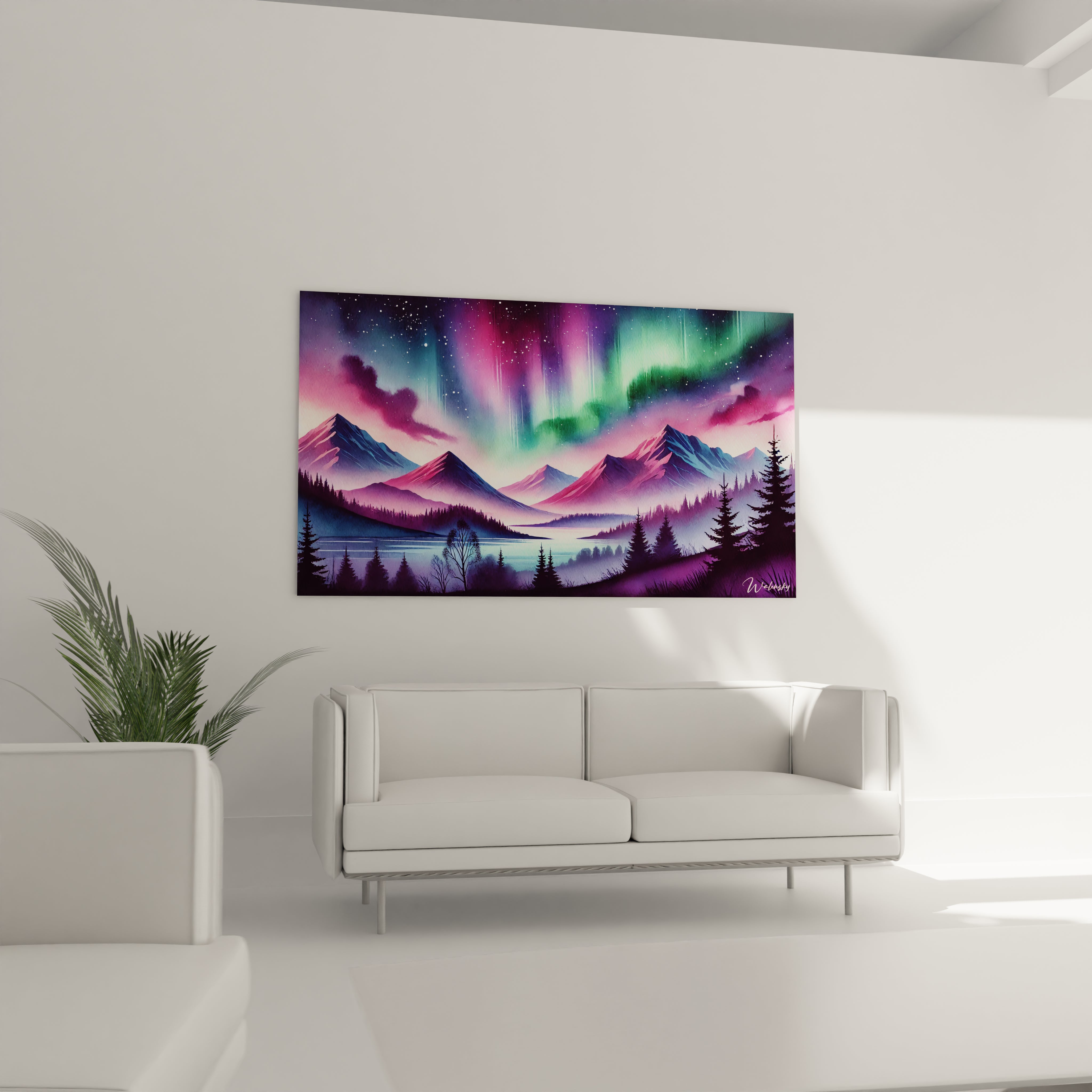 Ce tableau Aurore Boreale illumine le salon au dessus du canape, ajoutant une profondeur artistique et une palette feerique qui captivent les regards et enrichissent votre decoration.