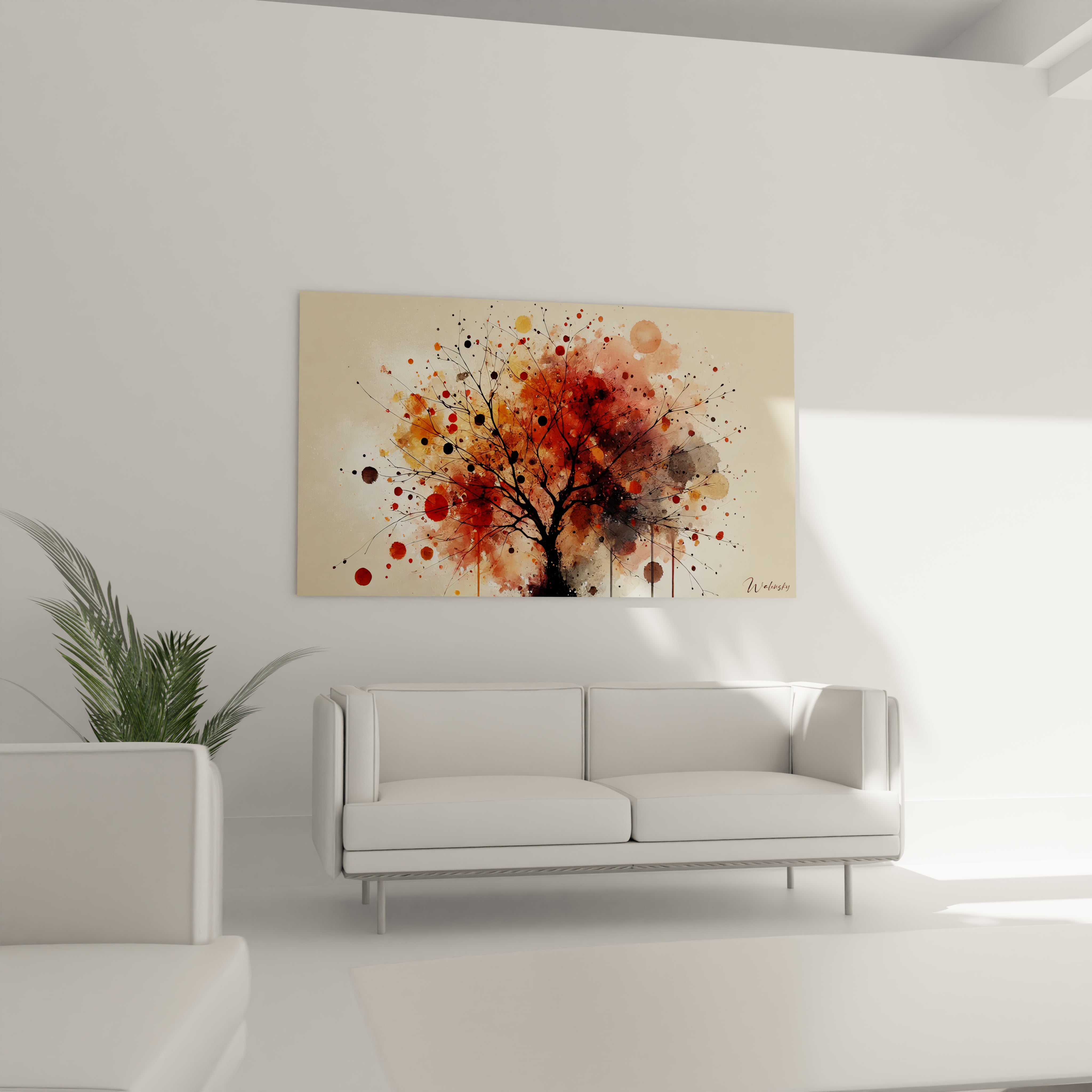 Tableau Automne au-dessus d'un canapé dans le salon, sublime l'espace avec ses teintes vibrantes. Il insuffle une atmosphère enveloppante, idéale pour créer un coin convivial et inspirant.

