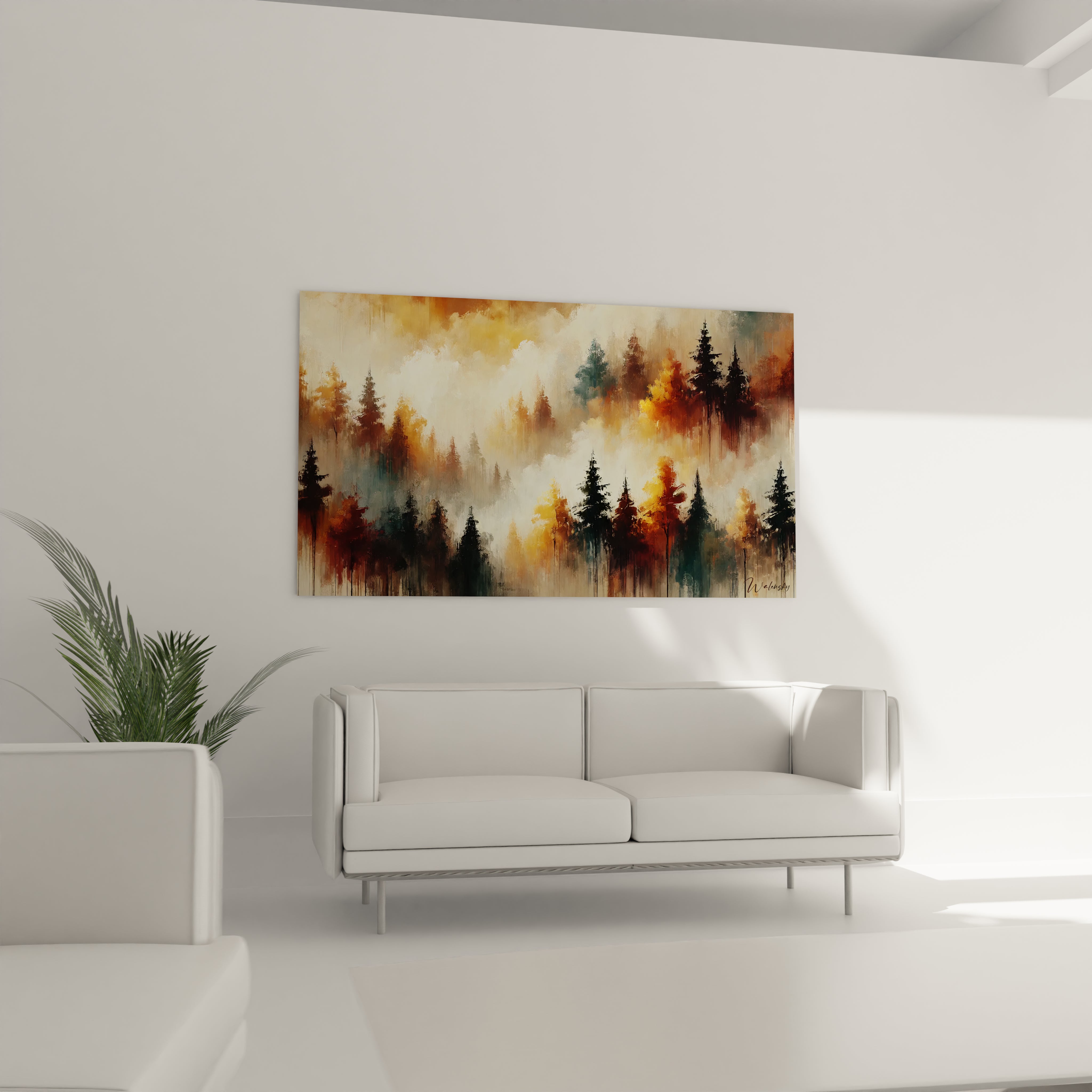 Le tableau Automne dans un salon, au-dessus du canapé. Ses nuances riches et ses détails minutieux créent une atmosphère chaleureuse et naturelle pour un intérieur accueillant.

