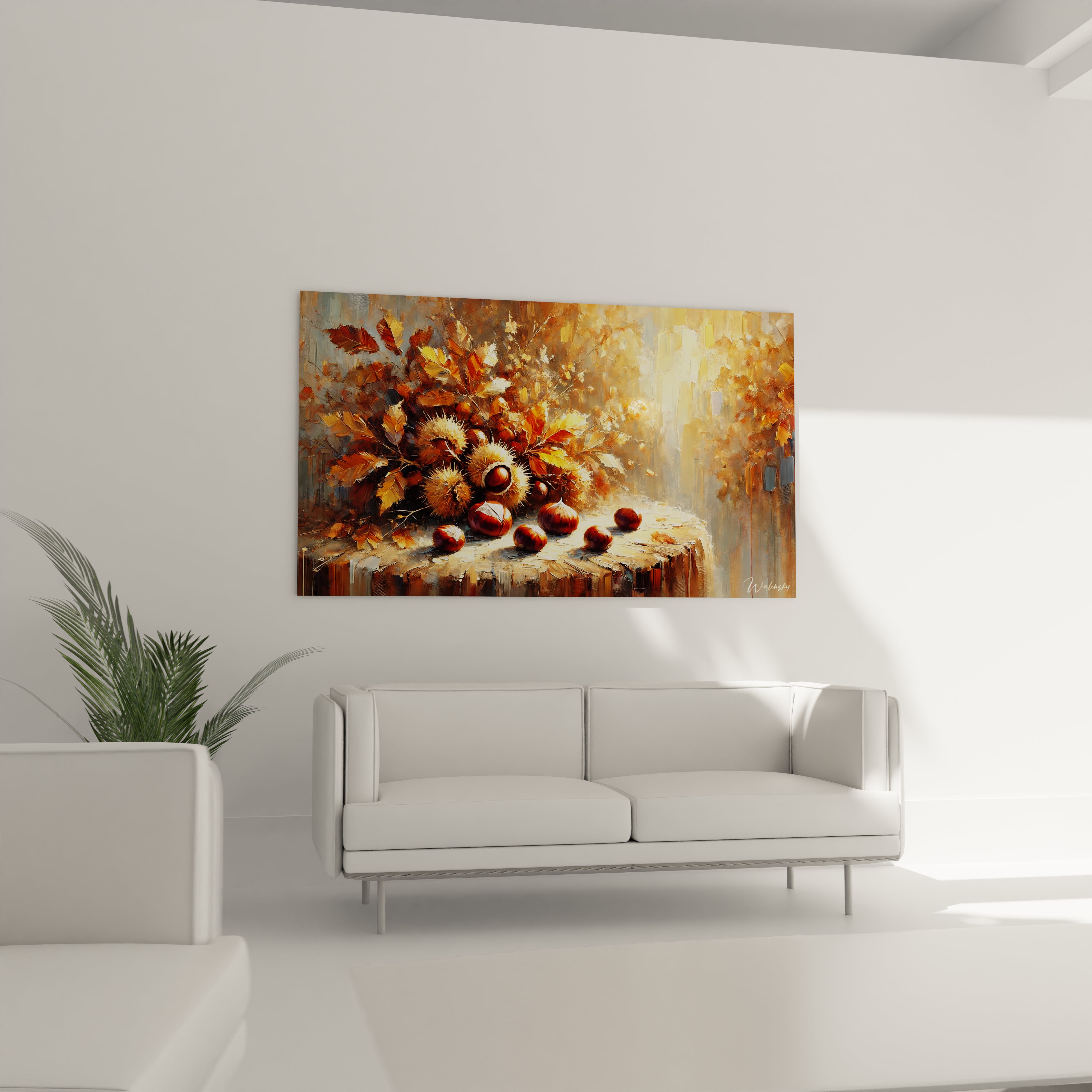 Tableau Automne dans un salon : suspendu au-dessus du canapé, ce tableau Automne enrichit le décor avec ses couleurs chaudes et réconfortantes. Il invite à la contemplation et apporte une ambiance naturelle.

