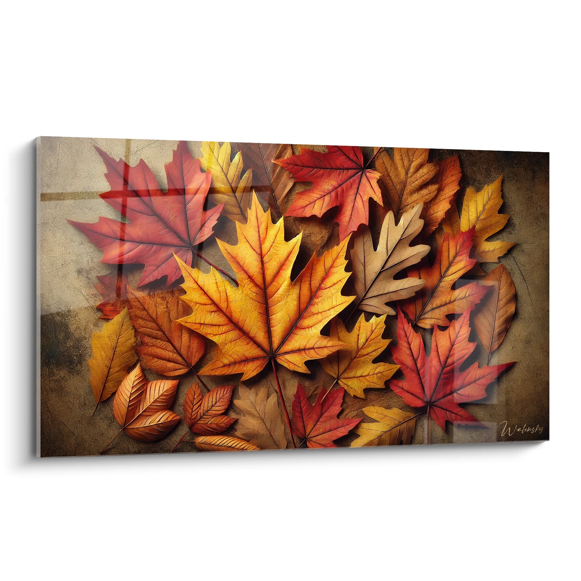 tableau Automne vue de biais montrant des feuilles aux teintes rouges, oranges et jaunes. Chaque détail des veines et textures de chaque feuille est soigneusement capturé, rappelant la splendeur de l'automne.

