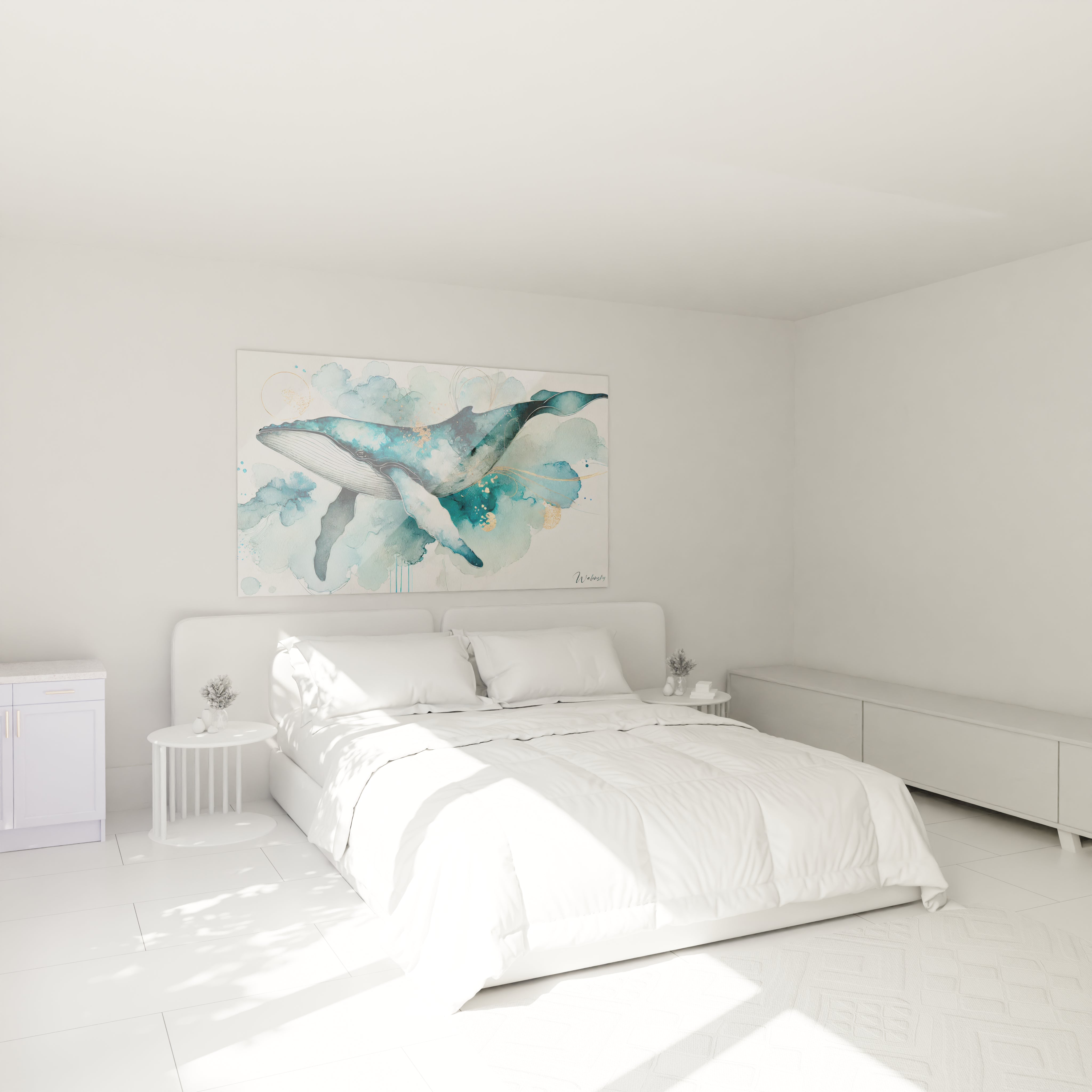 Le tableau baleine, accroché au mur au-dessus du lit, apporte une touche d'évasion et de calme à la chambre. Ses nuances aquatiques et touches dorées créent une ambiance relaxante dans cet espace.

