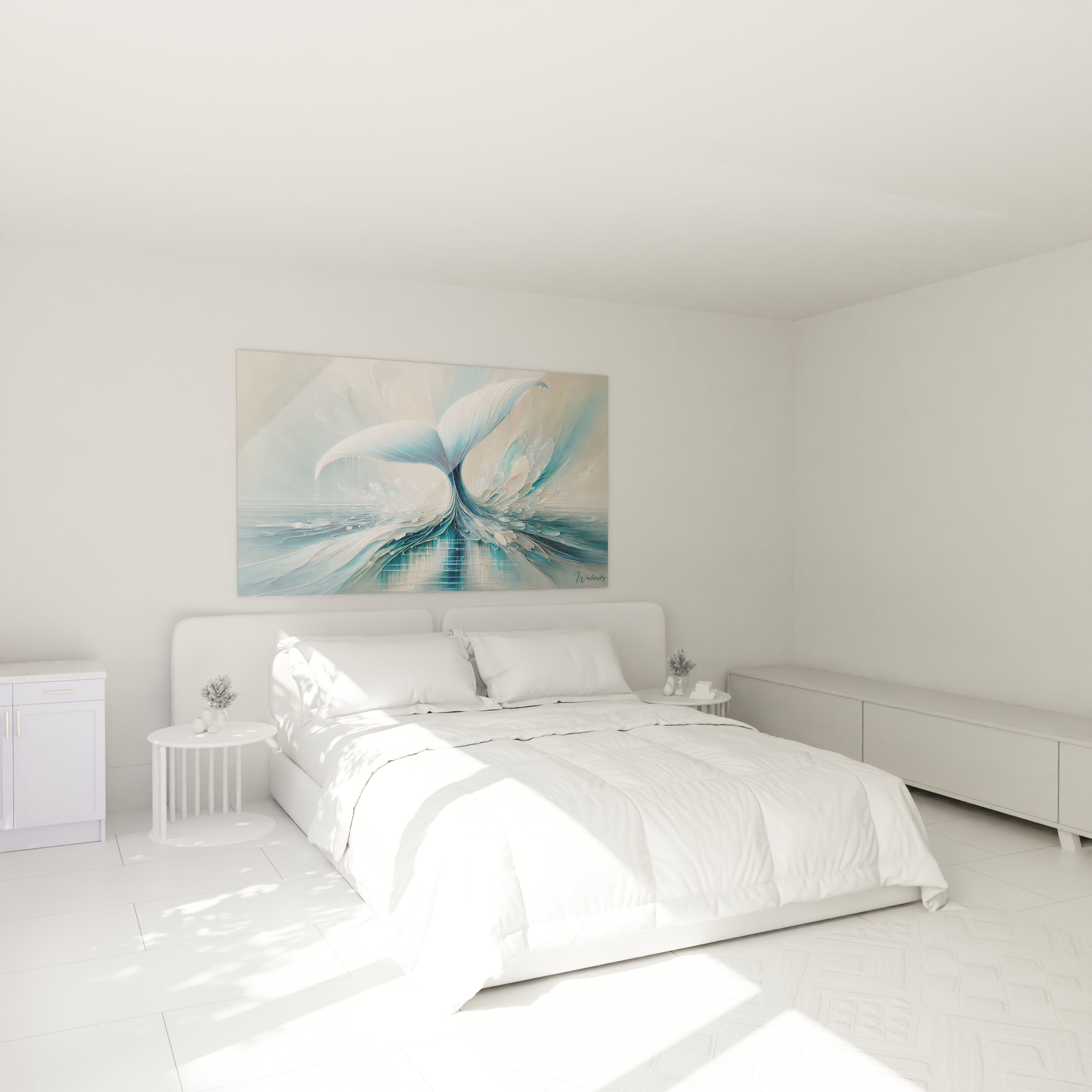 Transformez votre chambre en un espace zen avec ce tableau baleine accroché au-dessus du lit. Ses couleurs douces et son mouvement fluide créent une ambiance apaisante, parfaite pour la relaxation.

