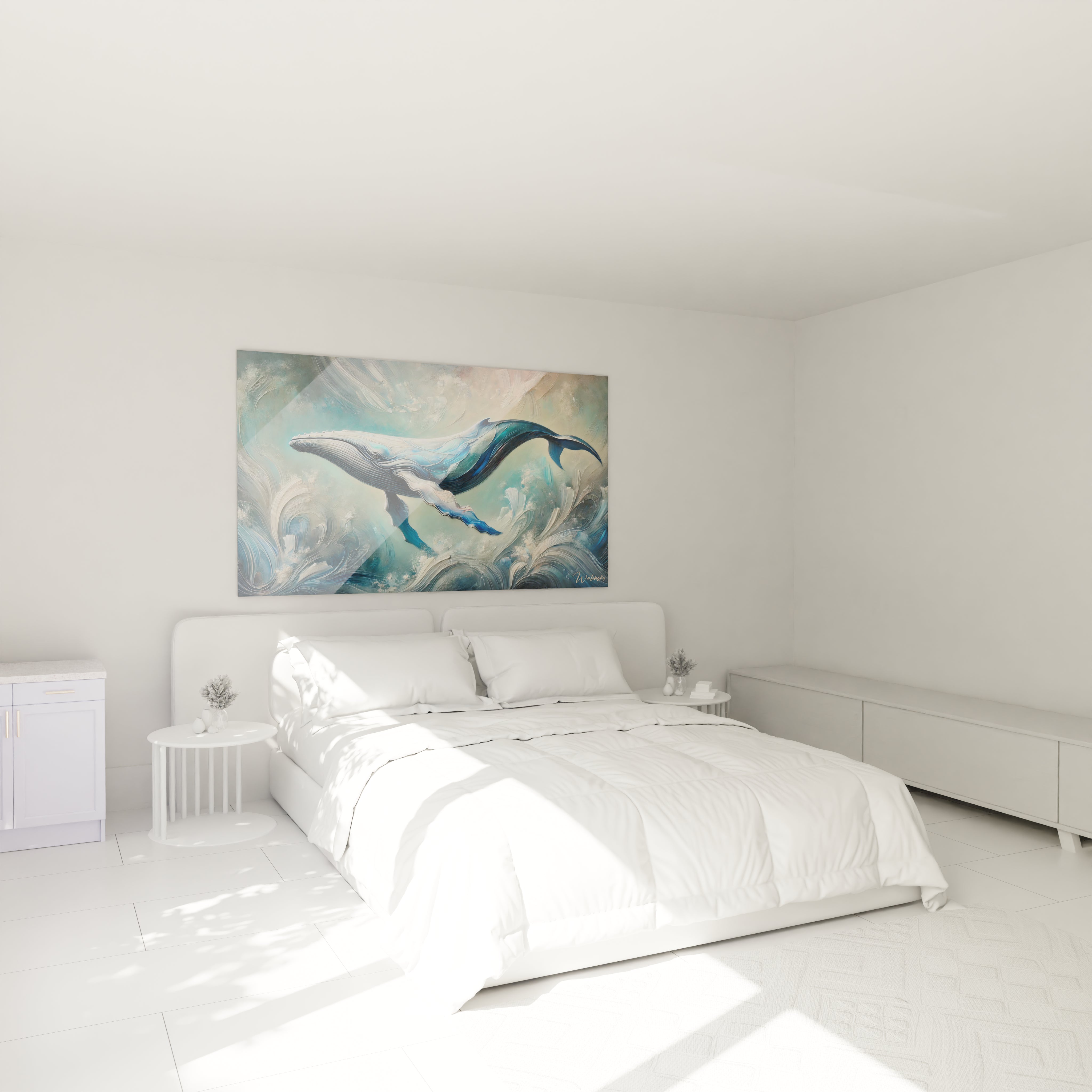 Ajoutez une ambiance oceanique a votre chambre avec ce tableau baleine au-dessus de votre lit. Les nuances de bleu et de blanc evoquent la serenite marine, offrant une touche apaisante et elegante a votre decor.

